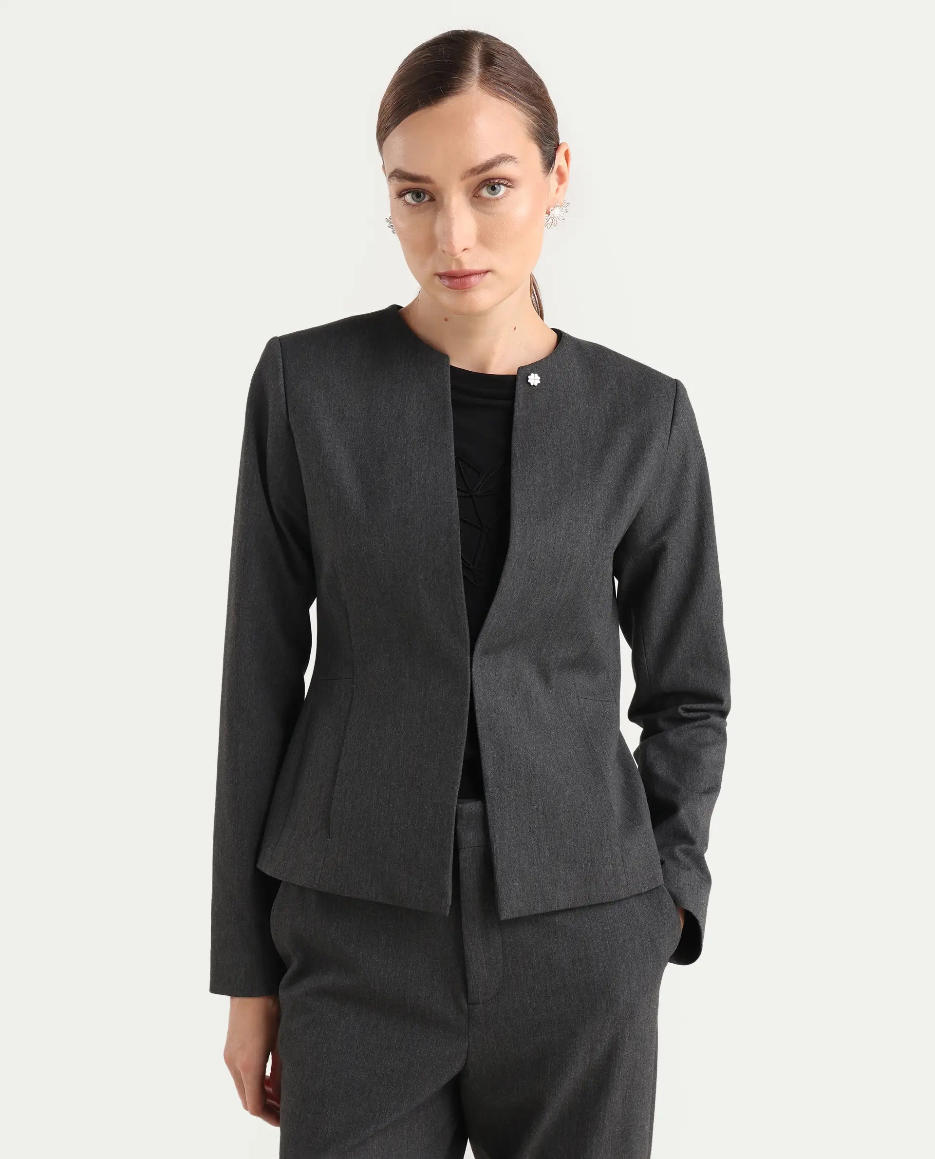 Rareism Women's Allenso Grey Polyester Blend Full Sleeve Plain Blazer