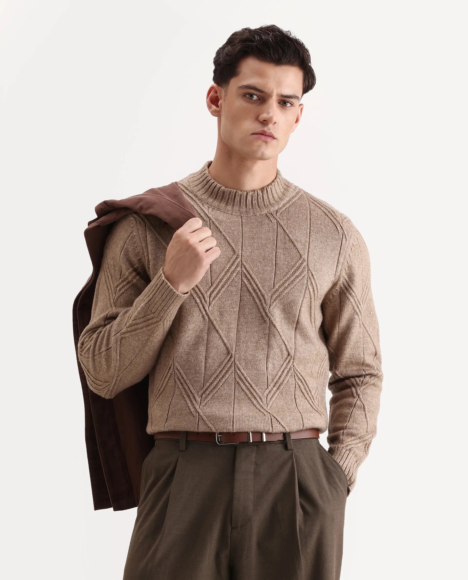 Rare Rabbit Men's Alli Dark Beige Polyester Plain Regular Fit Full Sleeve High Neck Sweater