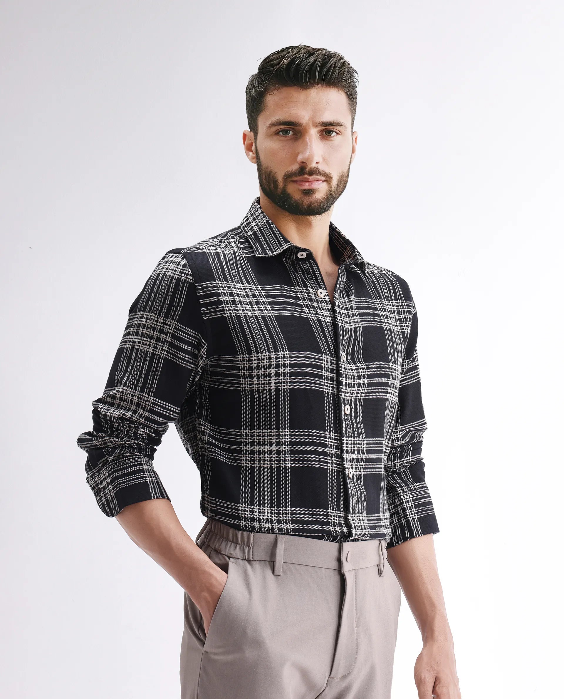 Rare Rabbit Men's Alls Black Cotton Checked Print Regular Fit Full Sleeve Collared Shirt