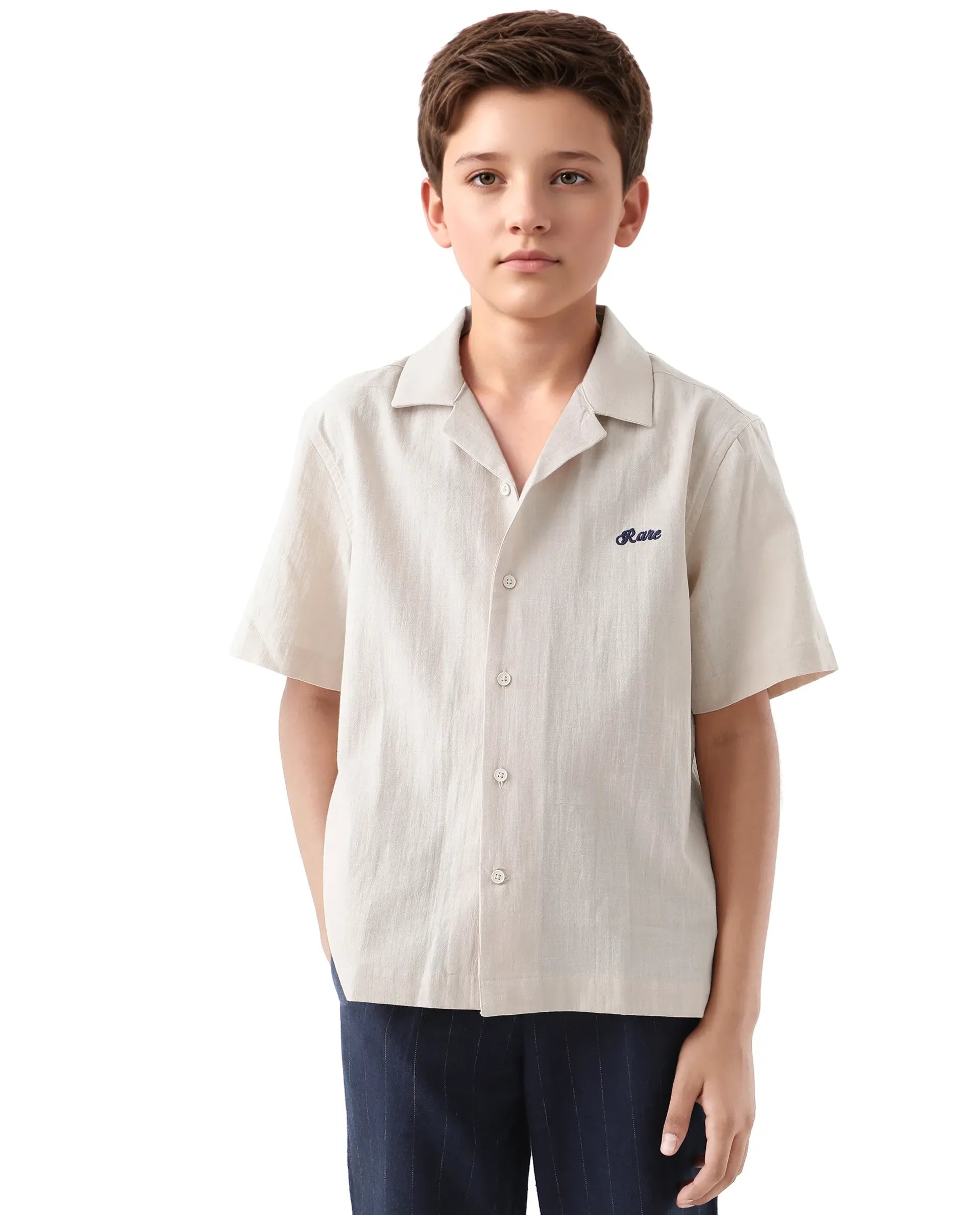 Rare Ones Kids Alma Beige Cotton Half Sleeve Button Solid Regular Fit Shirt