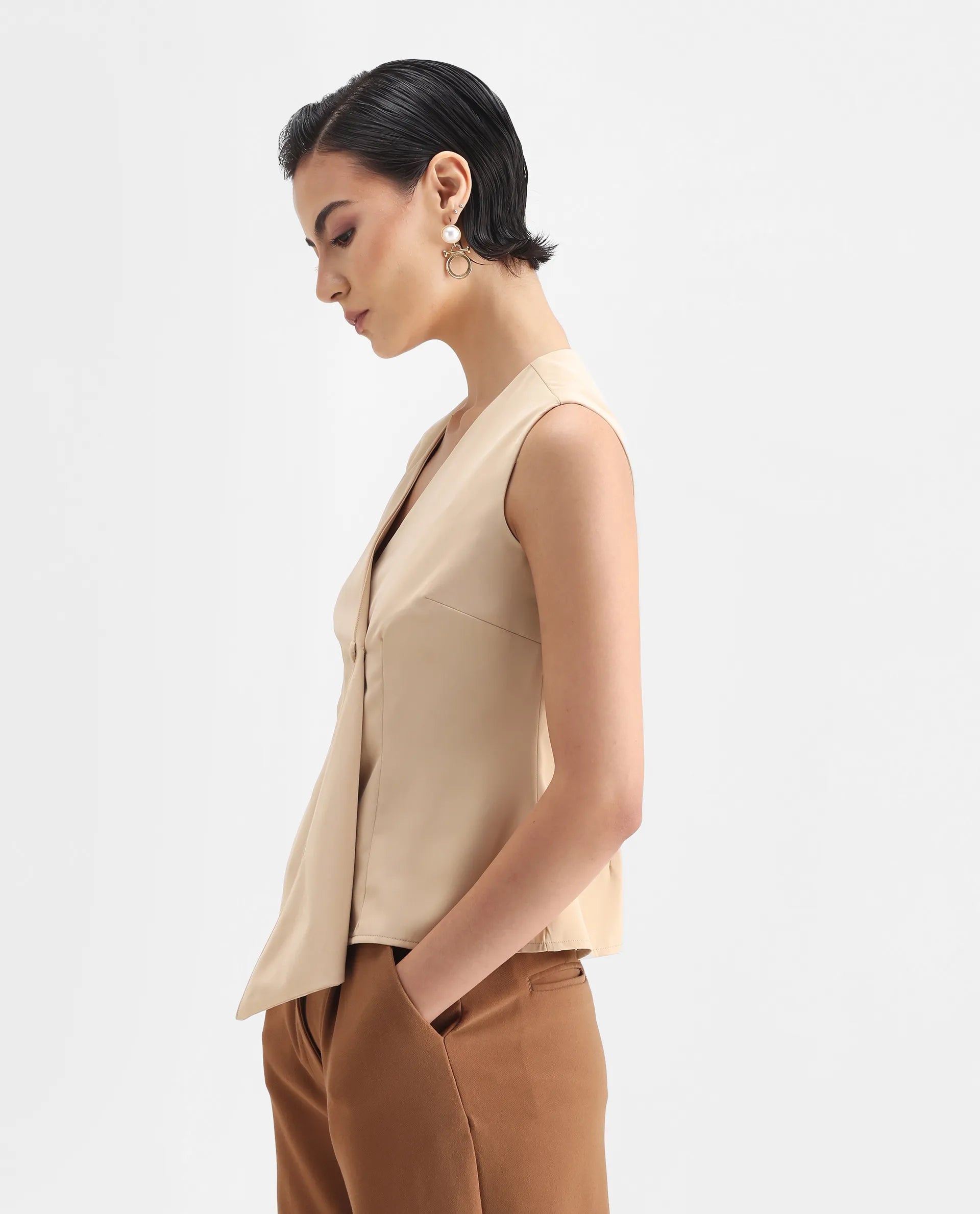 Rareism Women's Alnam Beige Satin Overlap Neck Dyed Sleeveless Regular Fit Top