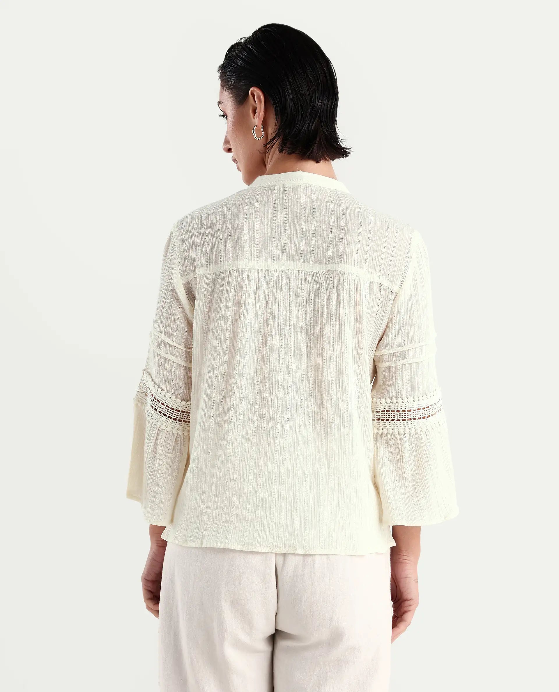 Rareism Women's Alonzo Light Beige Cotton Mandarin Collar Plain Regular Fit Top