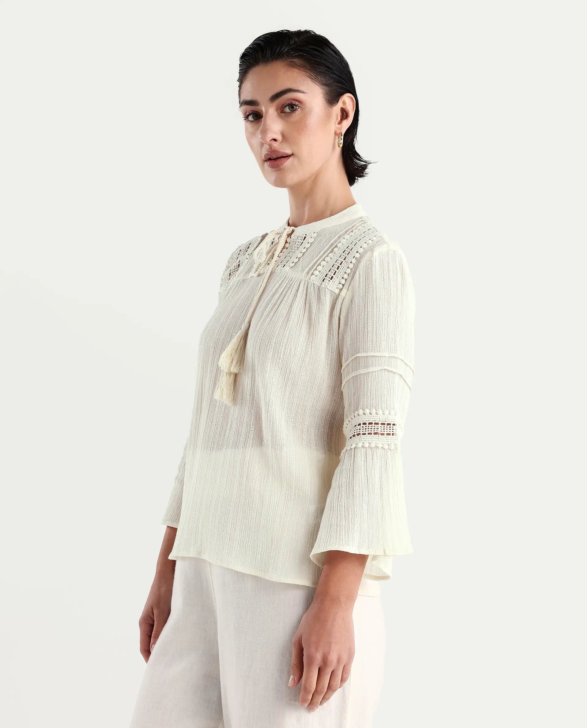 Rareism Women's Alonzo Light Beige Cotton Mandarin Collar Plain Regular Fit Top