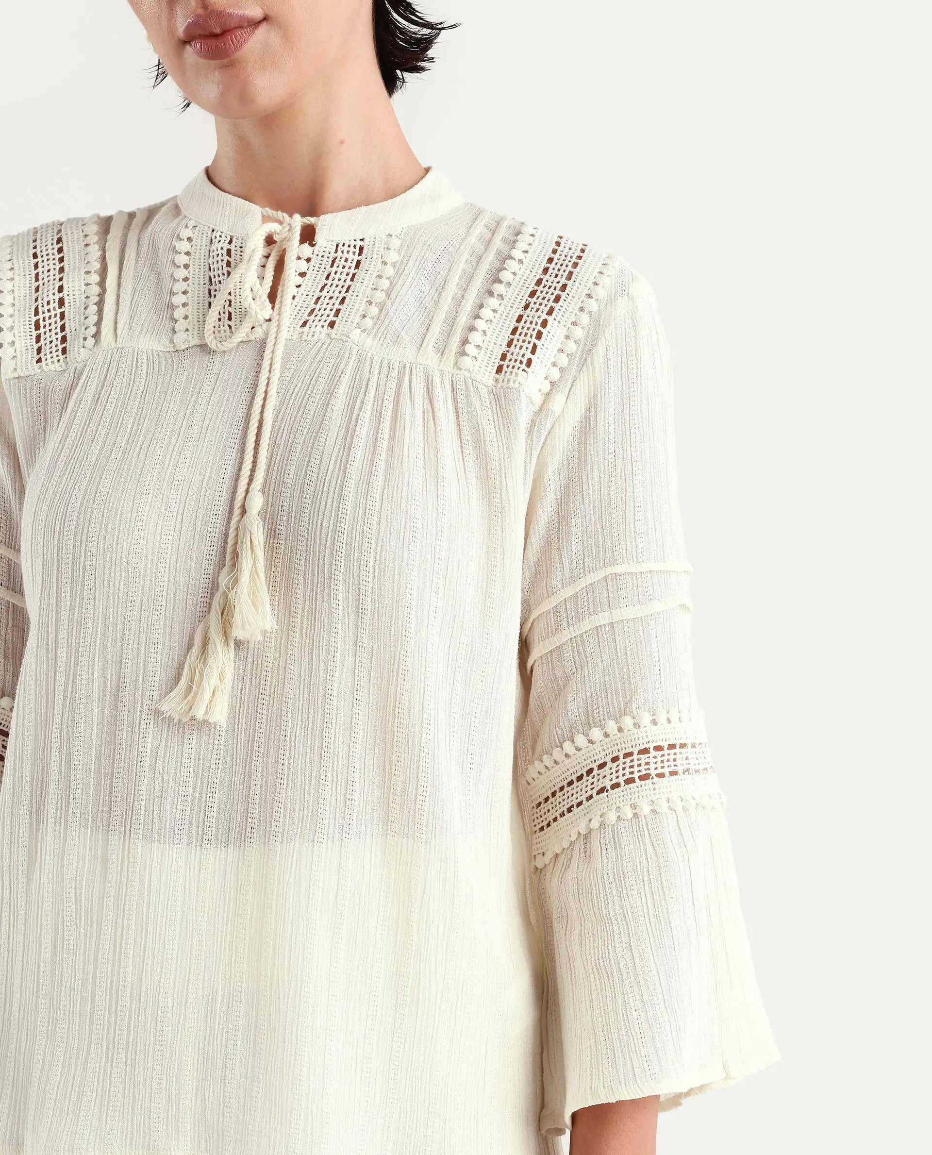 Rareism Women's Alonzo Light Beige Cotton Mandarin Collar Plain Regular Fit Top