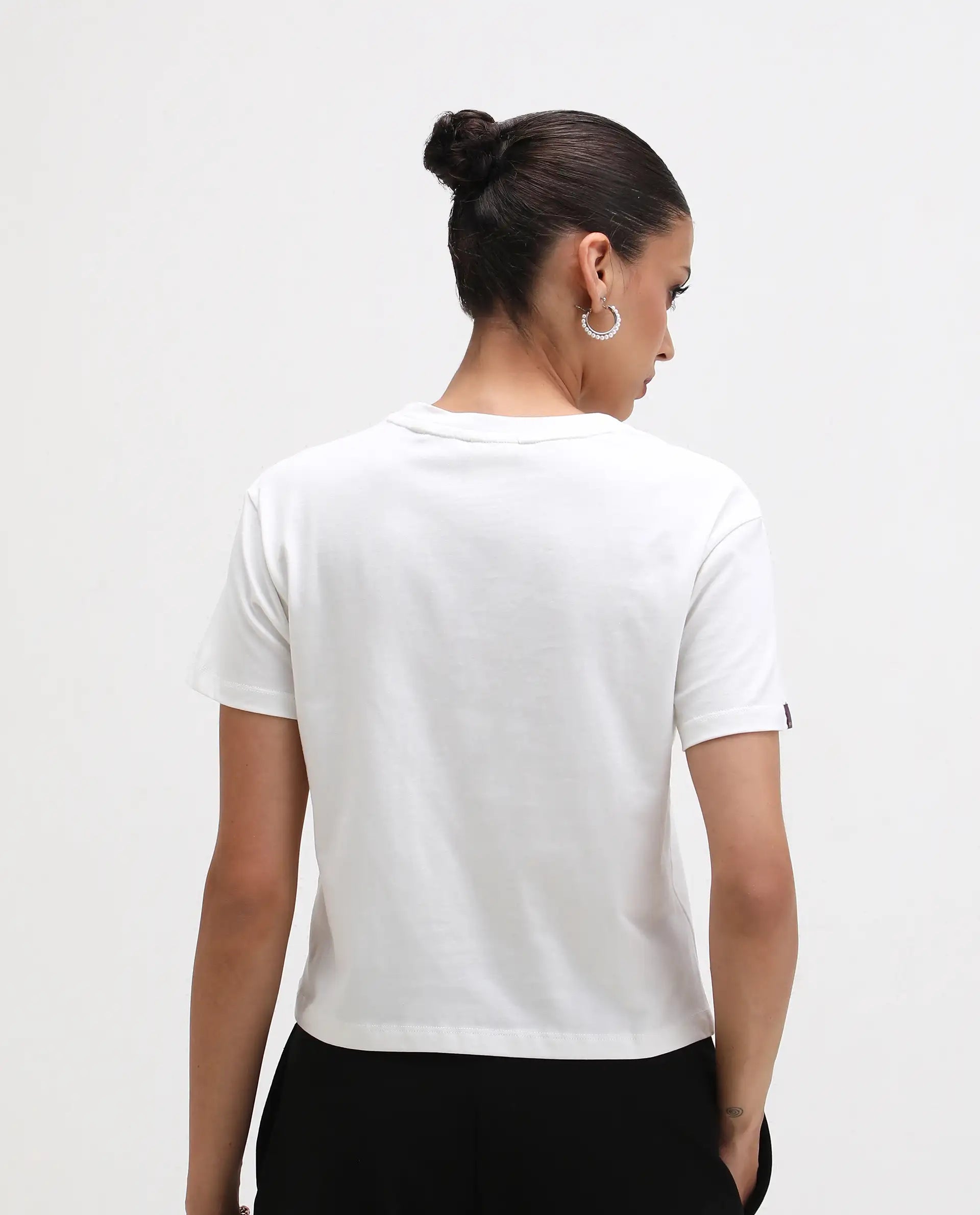 Rareism Women's Alore Off White Cotton Blend Crew Neck Graphic Print Crop Regular Fit T-Shirt