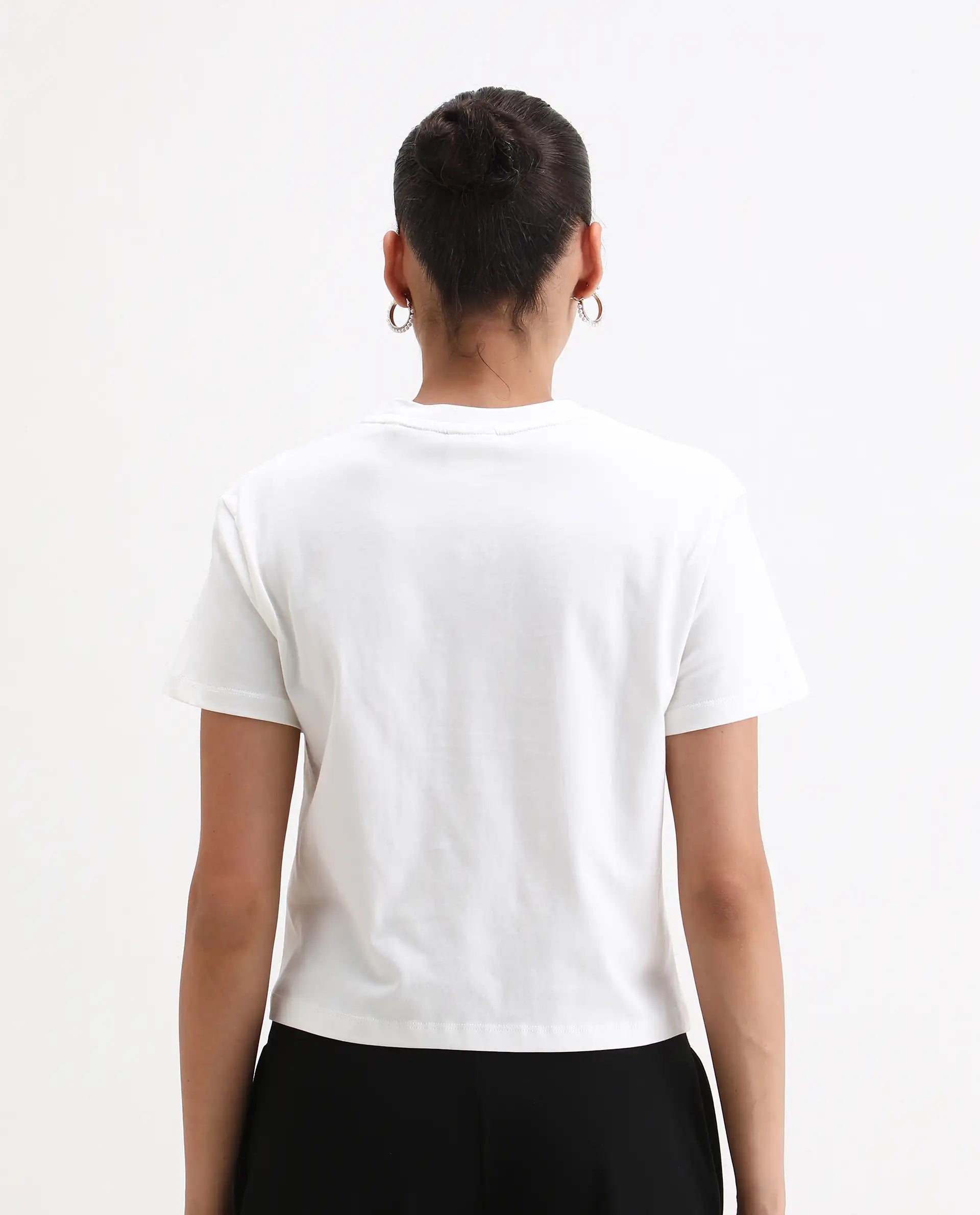Rareism Women's Alore Off White Cotton Blend Crew Neck Graphic Print Crop Regular Fit T-Shirt