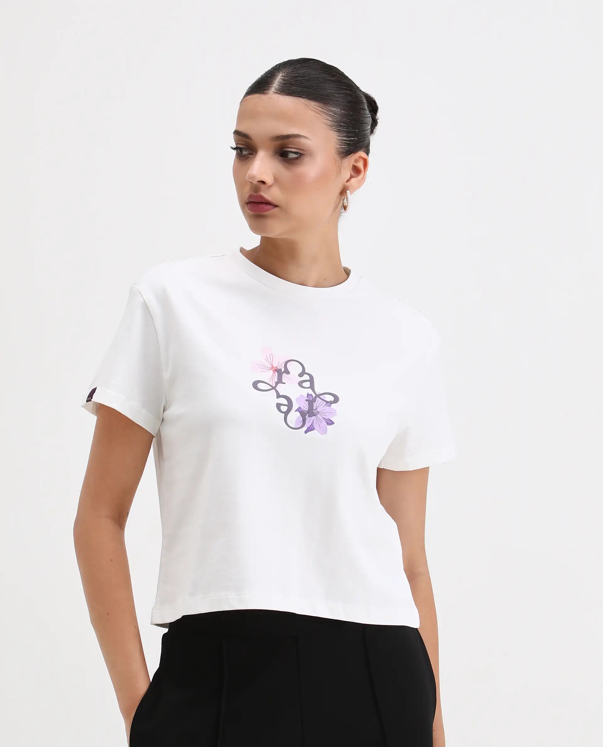 Rareism Women's Alore Off White Cotton Blend Crew Neck Graphic Print Crop Regular Fit T-Shirt