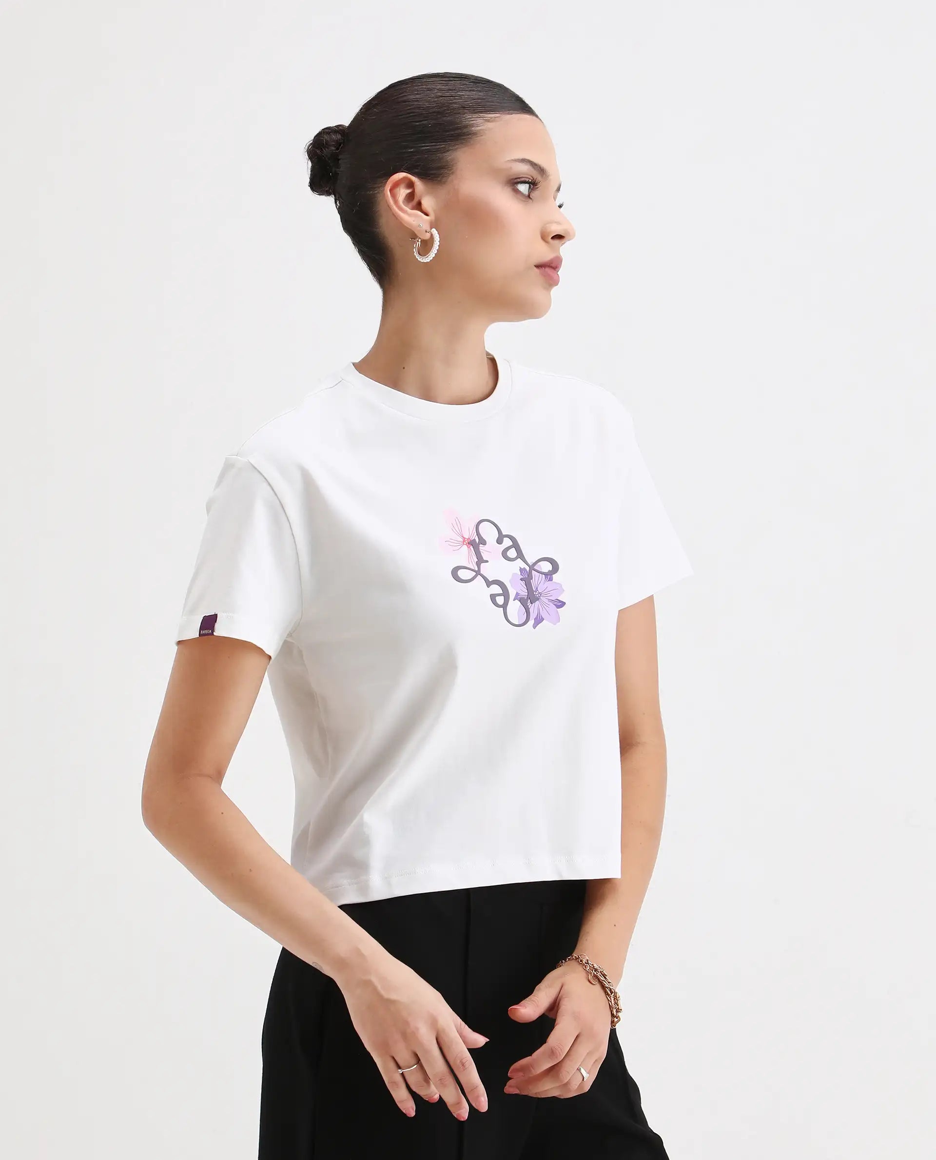 Rareism Women's Alore Off White Cotton Blend Crew Neck Graphic Print Crop Regular Fit T-Shirt