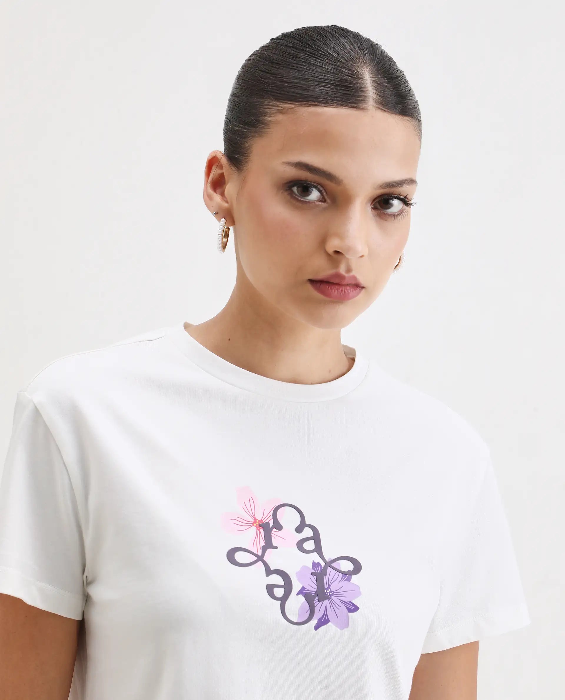 Rareism Women's Alore Off White Cotton Blend Crew Neck Graphic Print Crop Regular Fit T-Shirt