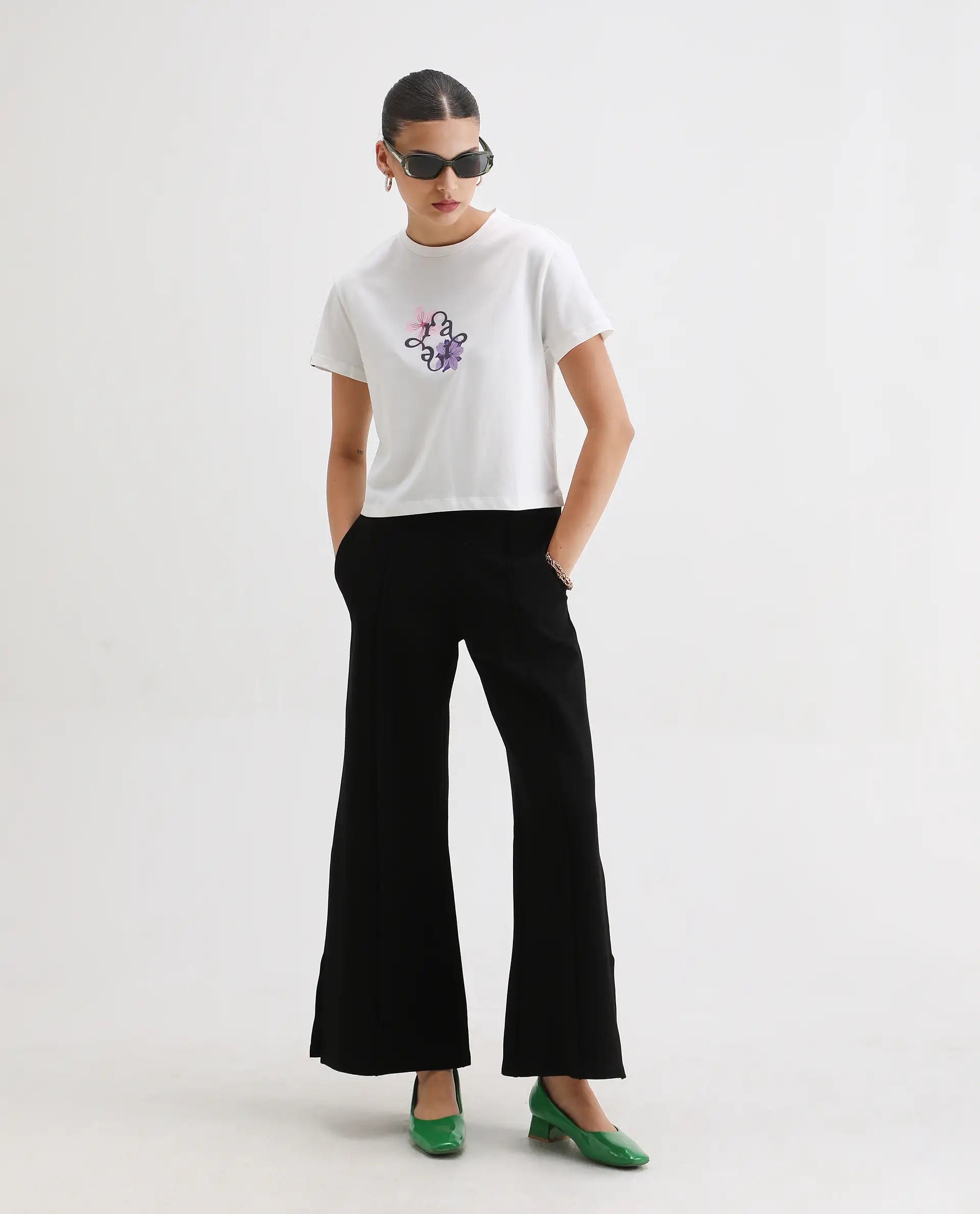 Rareism Women's Alore Off White Cotton Blend Crew Neck Graphic Print Crop Regular Fit T-Shirt