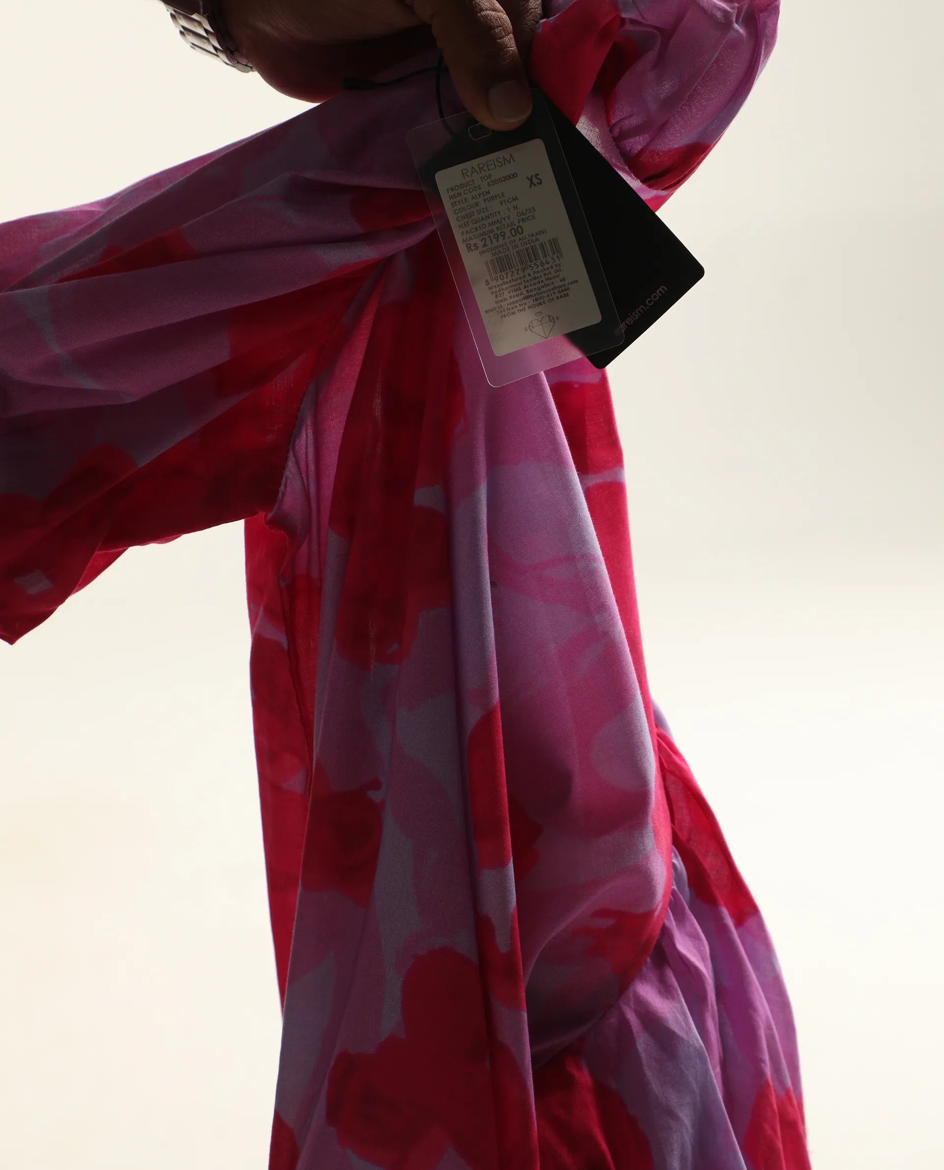 Rareism Women's Alpen Light Purple Cotton Crew Neck Floral Print Puff Sleeves Relaxed Fit Top