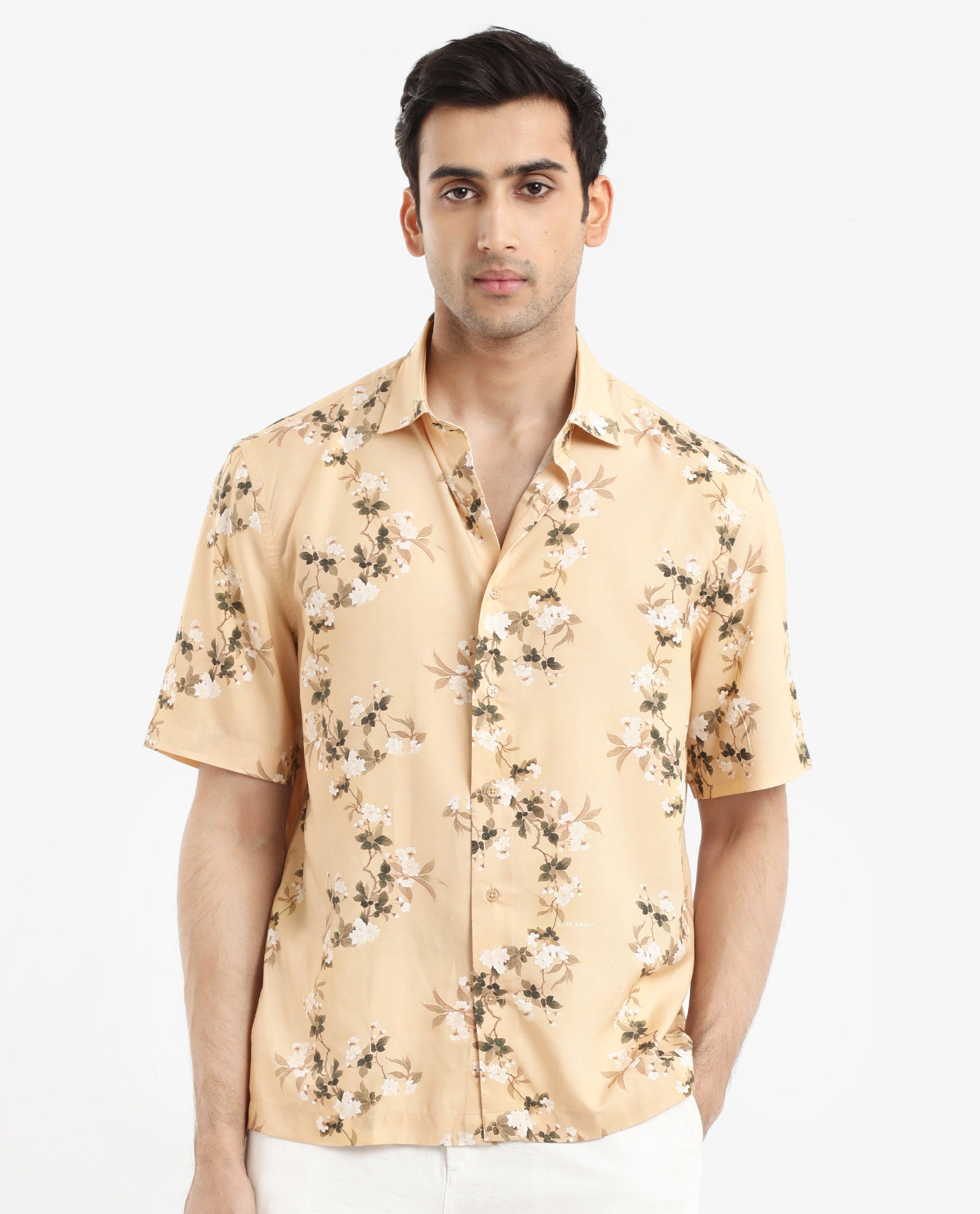 Rare Rabbit Men's Alpher Beige Viscose Fabric Short Sleeve Boxy Fit Floral Print Shirt