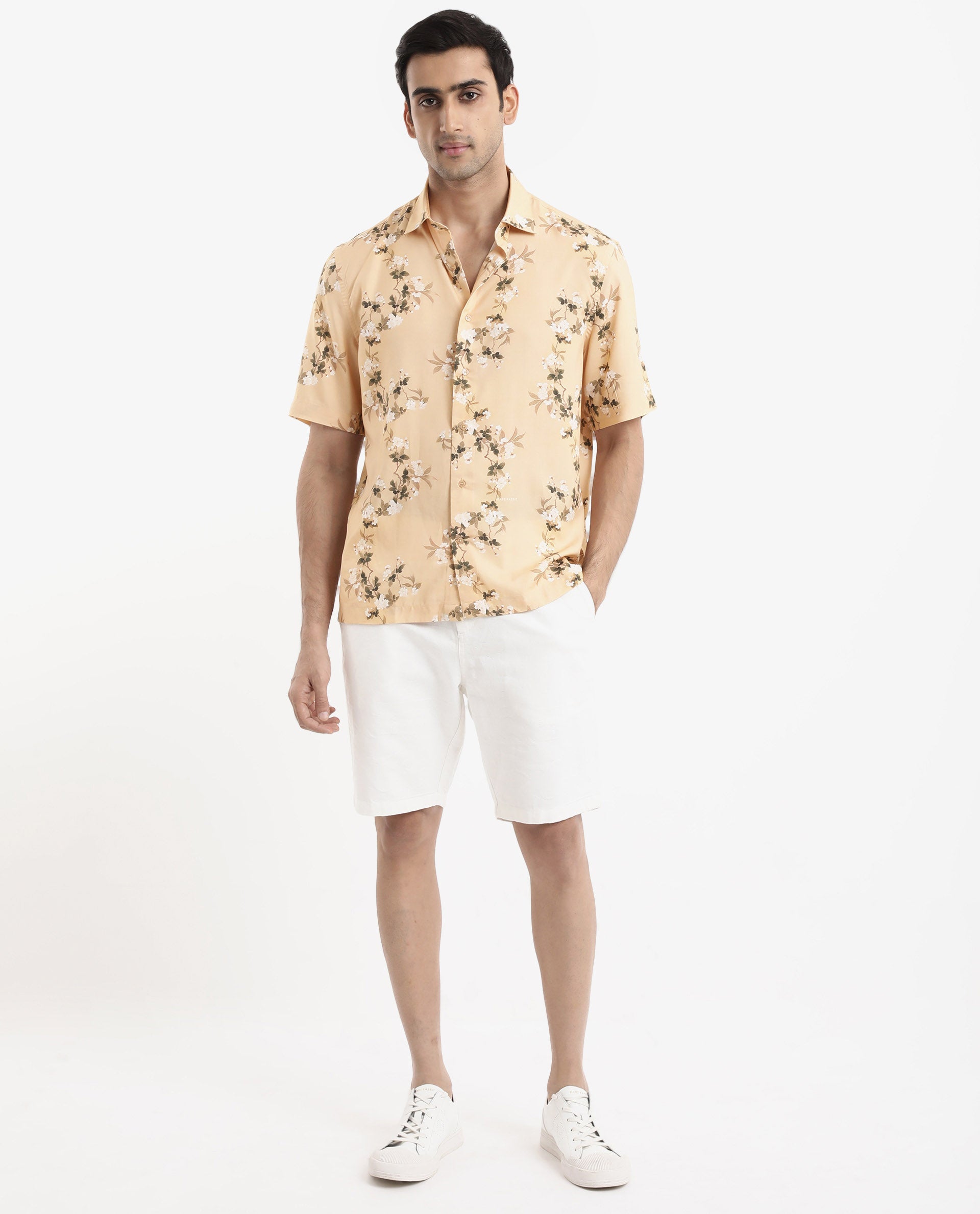 Rare Rabbit Men's Alpher Beige Viscose Fabric Short Sleeve Boxy Fit Floral Print Shirt