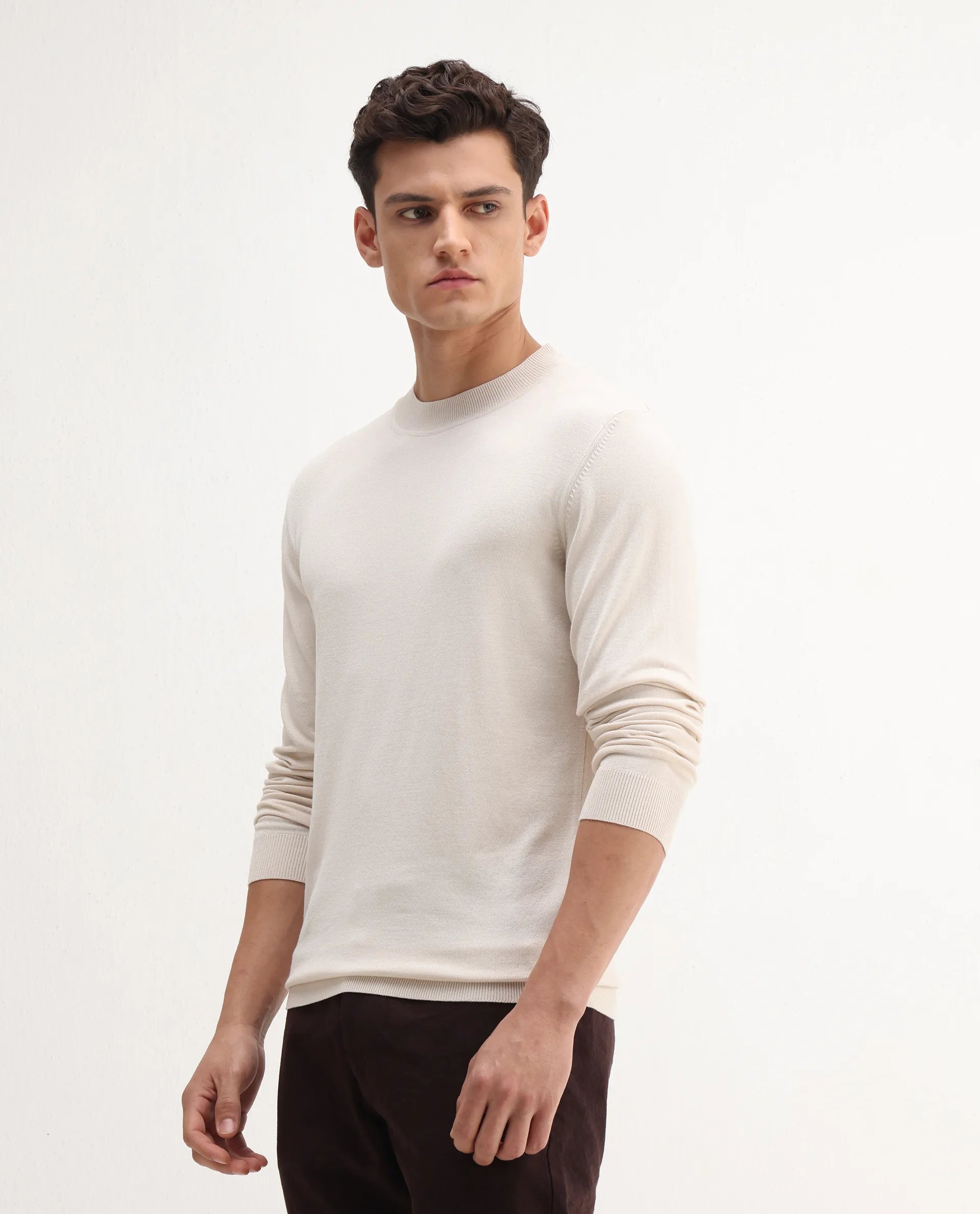 Rare Rabbit Men's Alva Off White Viscose Plain Regular Fit Full Sleeve High Neck Sweater