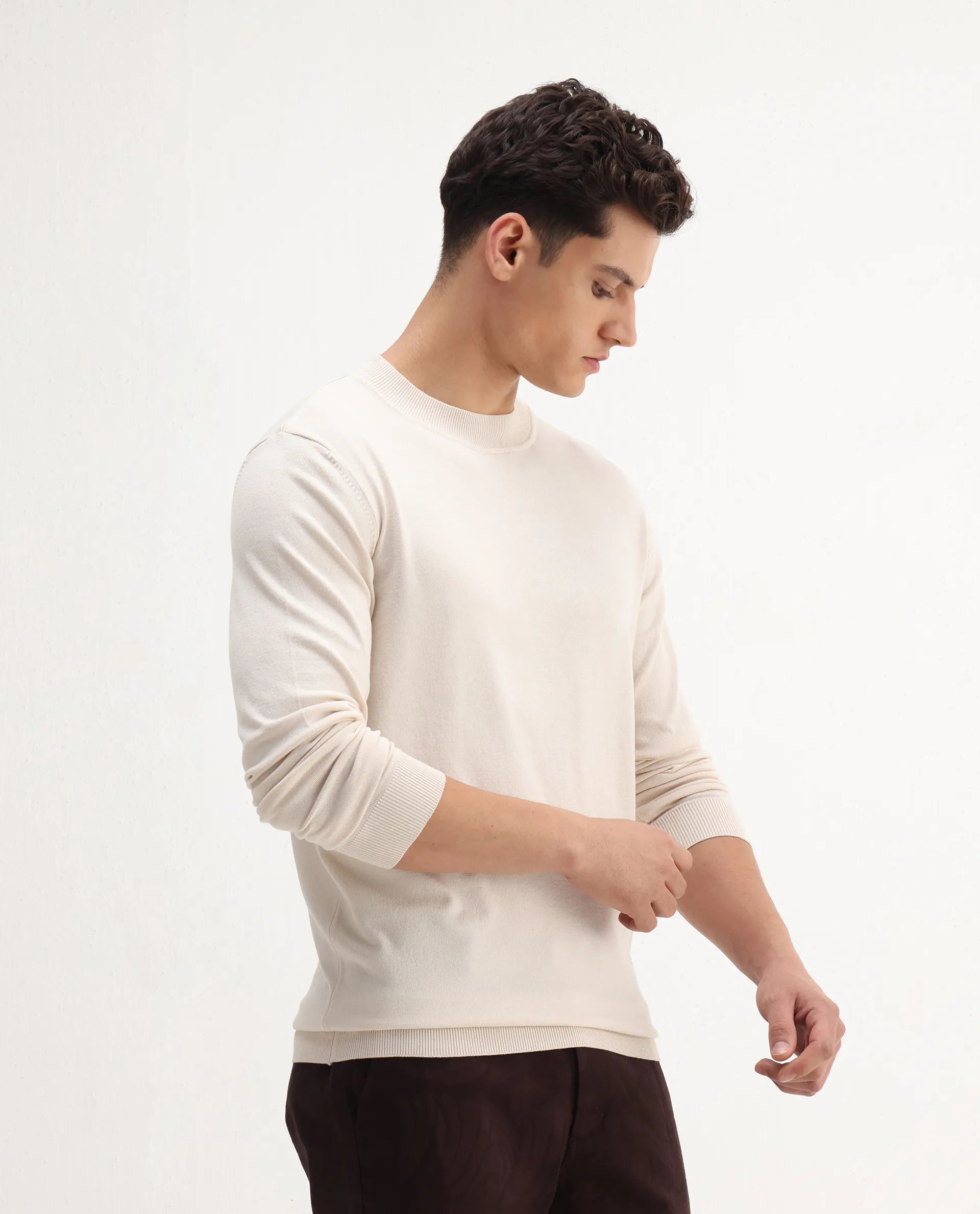 Rare Rabbit Men's Alva Off White Viscose Plain Regular Fit Full Sleeve High Neck Sweater