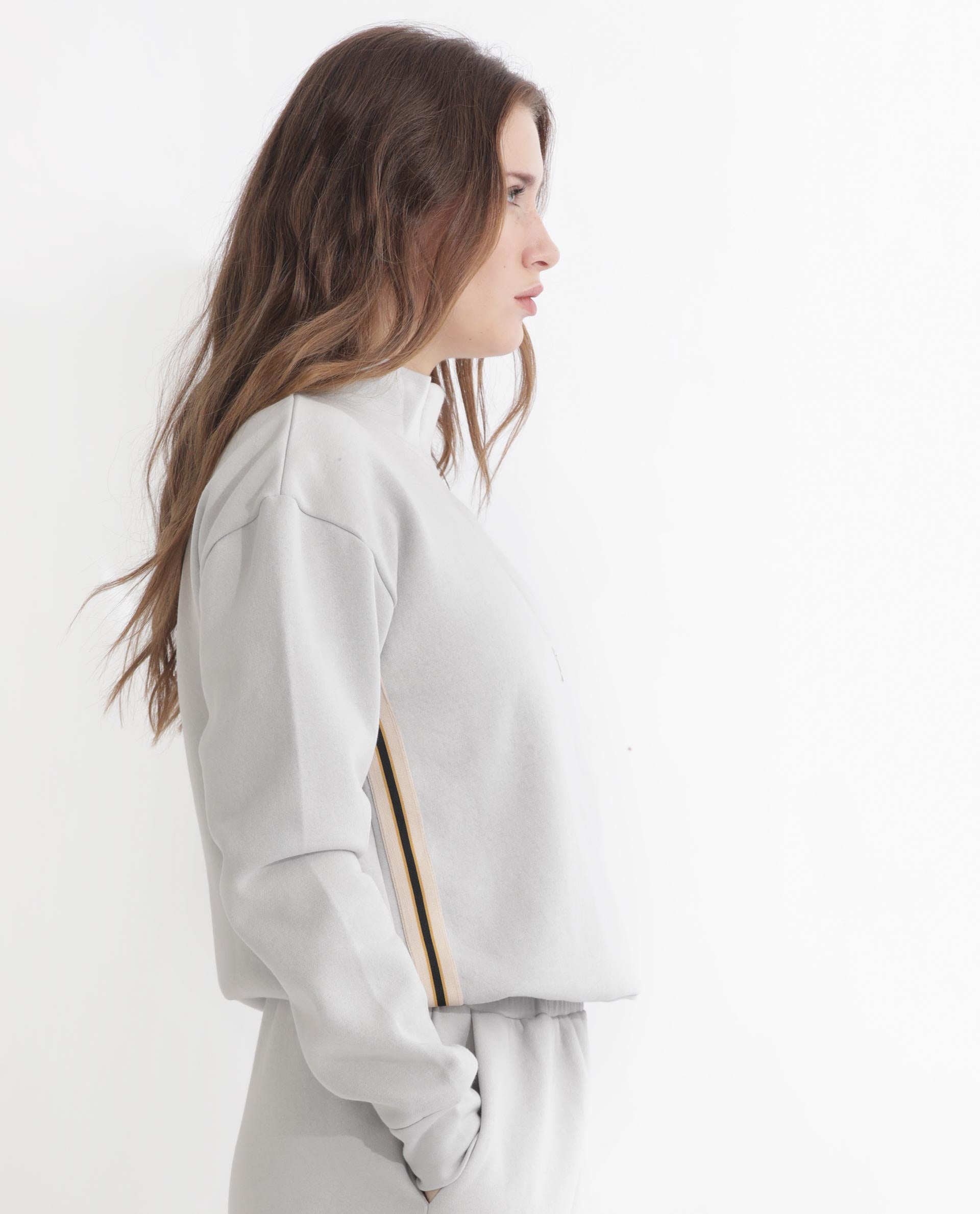 Rareism Articale Women Aldrichh Light Grey Poly Cotton Fabric Full Sleeves Zip Closure High Neck Regular Fit Plain Sweatshirt