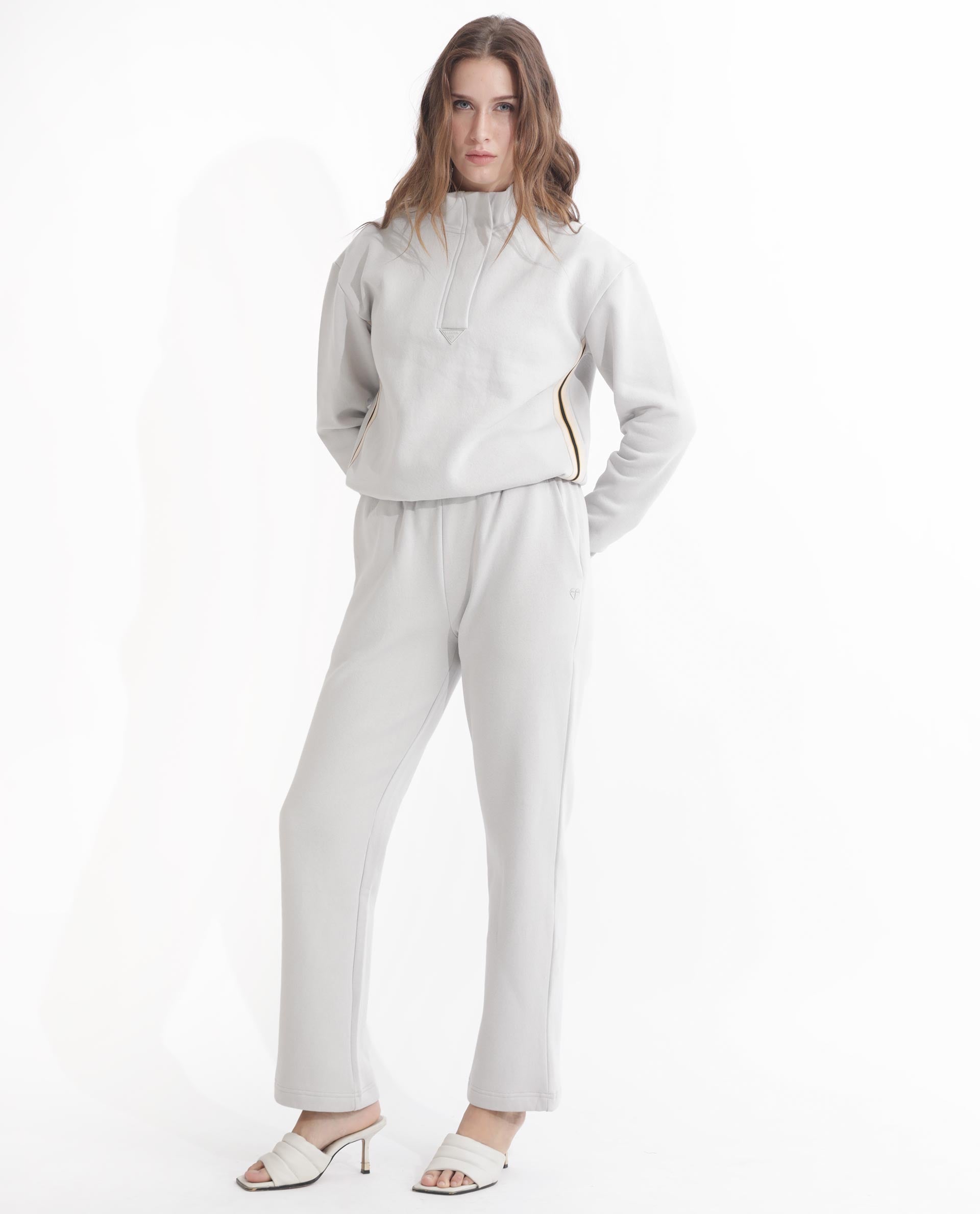 Rareism Articale Women Aldrichh Light Grey Poly Cotton Fabric Full Sleeves Zip Closure High Neck Regular Fit Plain Sweatshirt