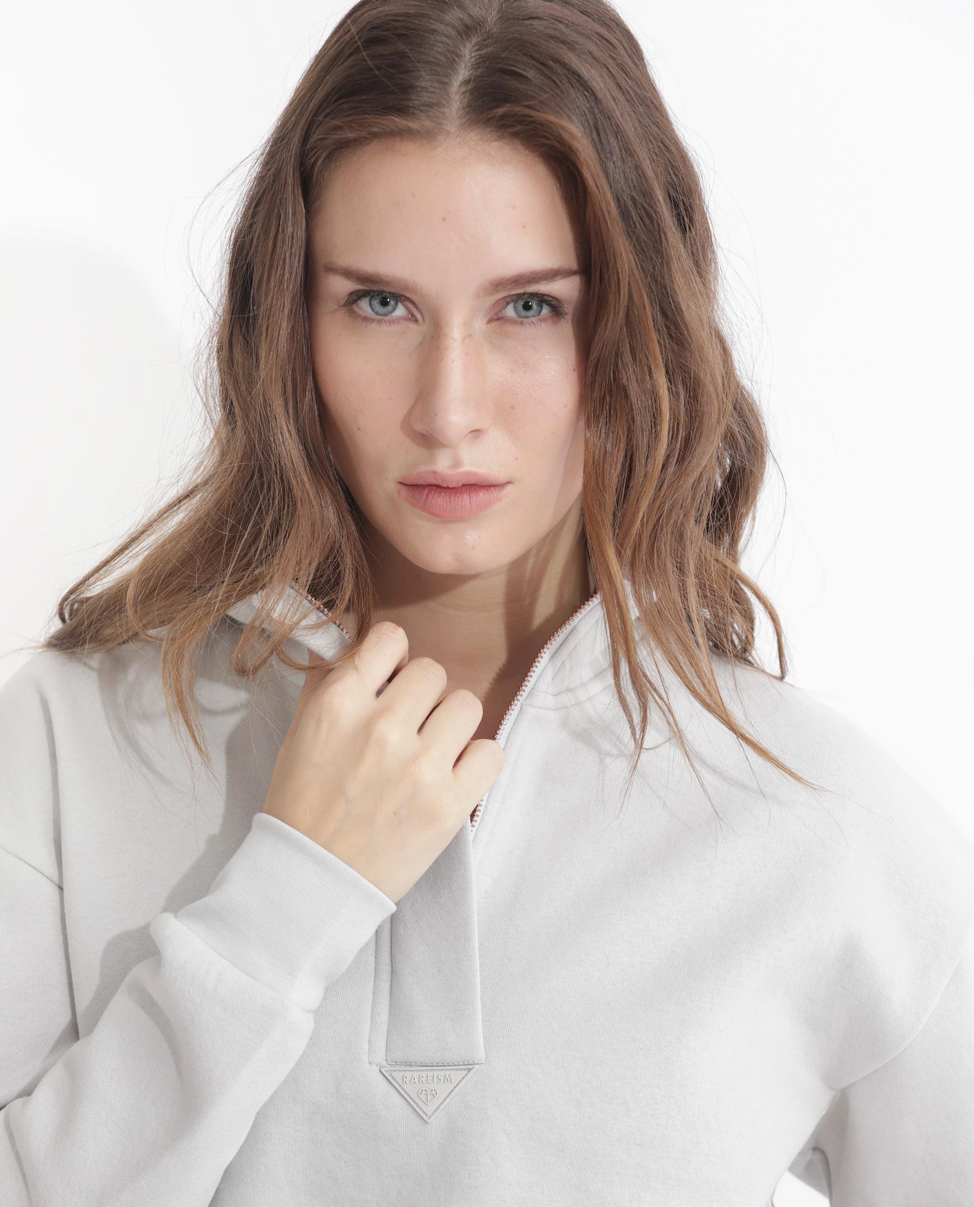 Rareism Articale Women Aldrichh Light Grey Poly Cotton Fabric Full Sleeves Zip Closure High Neck Regular Fit Plain Sweatshirt