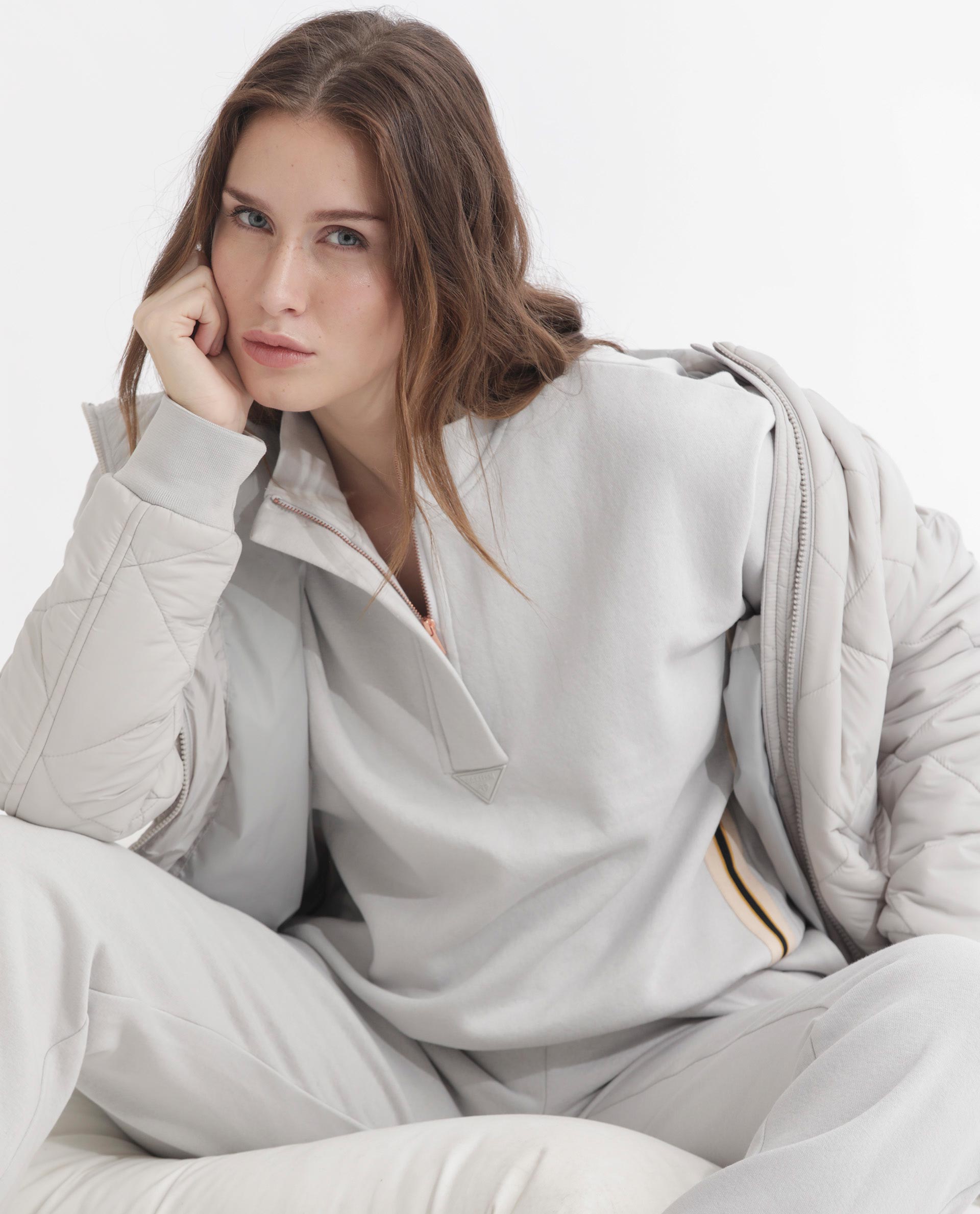 Rareism Articale Women Aldrichh Light Grey Poly Cotton Fabric Full Sleeves Zip Closure High Neck Regular Fit Plain Sweatshirt