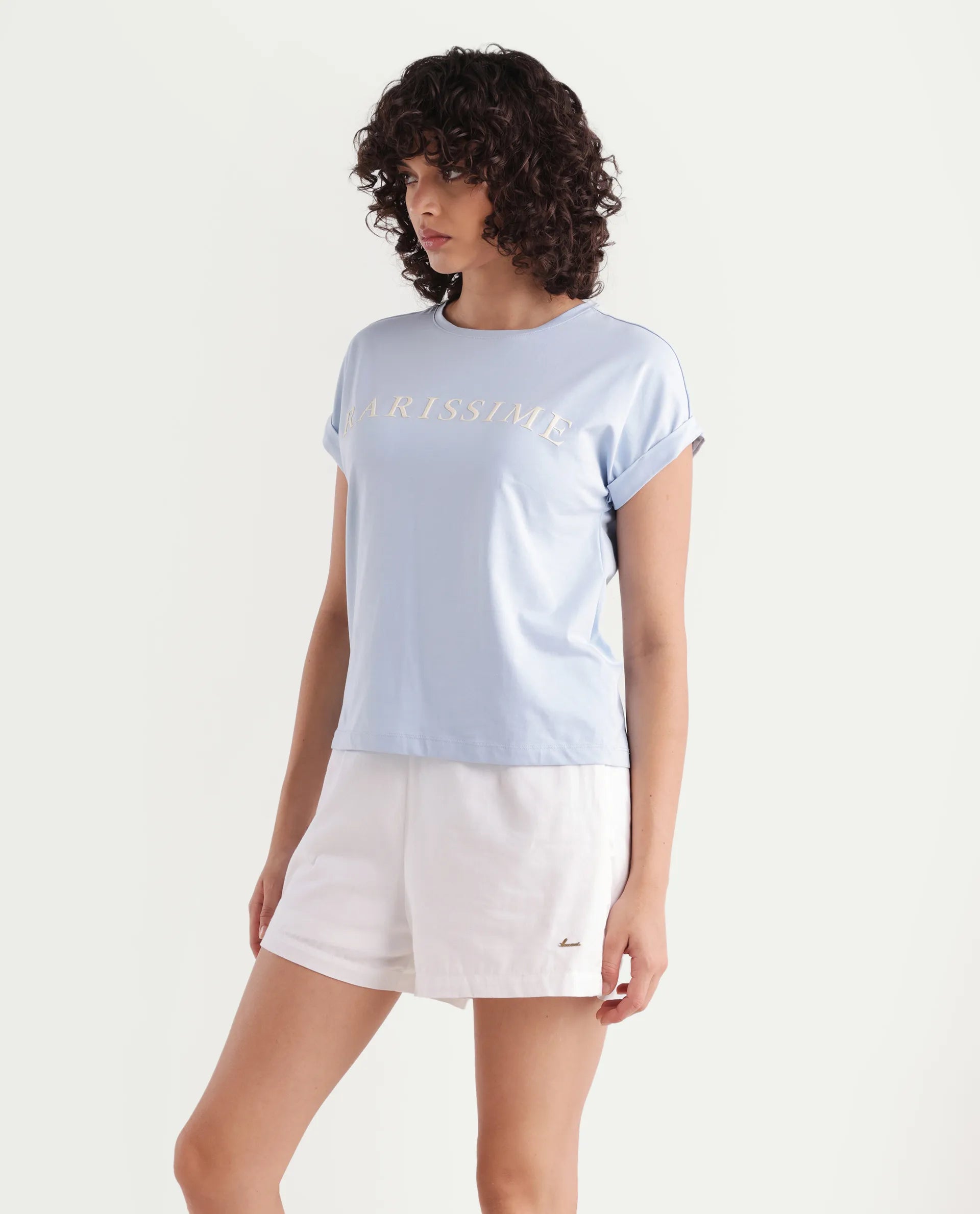 Rareism Women's Alte Light Blue Cotton Blend Crew Neck Graphic Print Extended Sleeves Regular Fit T-Shirt