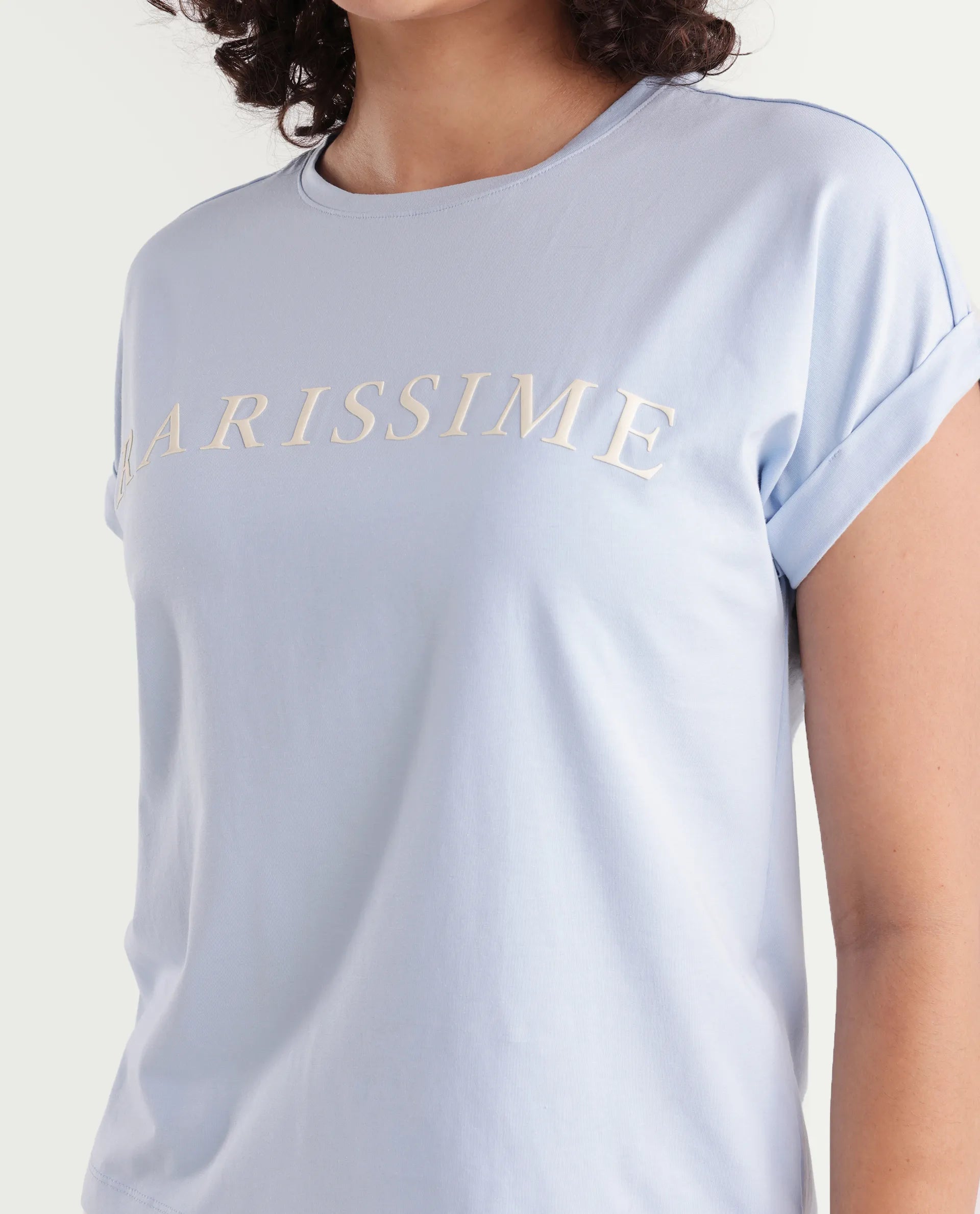 Rareism Women's Alte Light Blue Cotton Blend Crew Neck Graphic Print Extended Sleeves Regular Fit T-Shirt