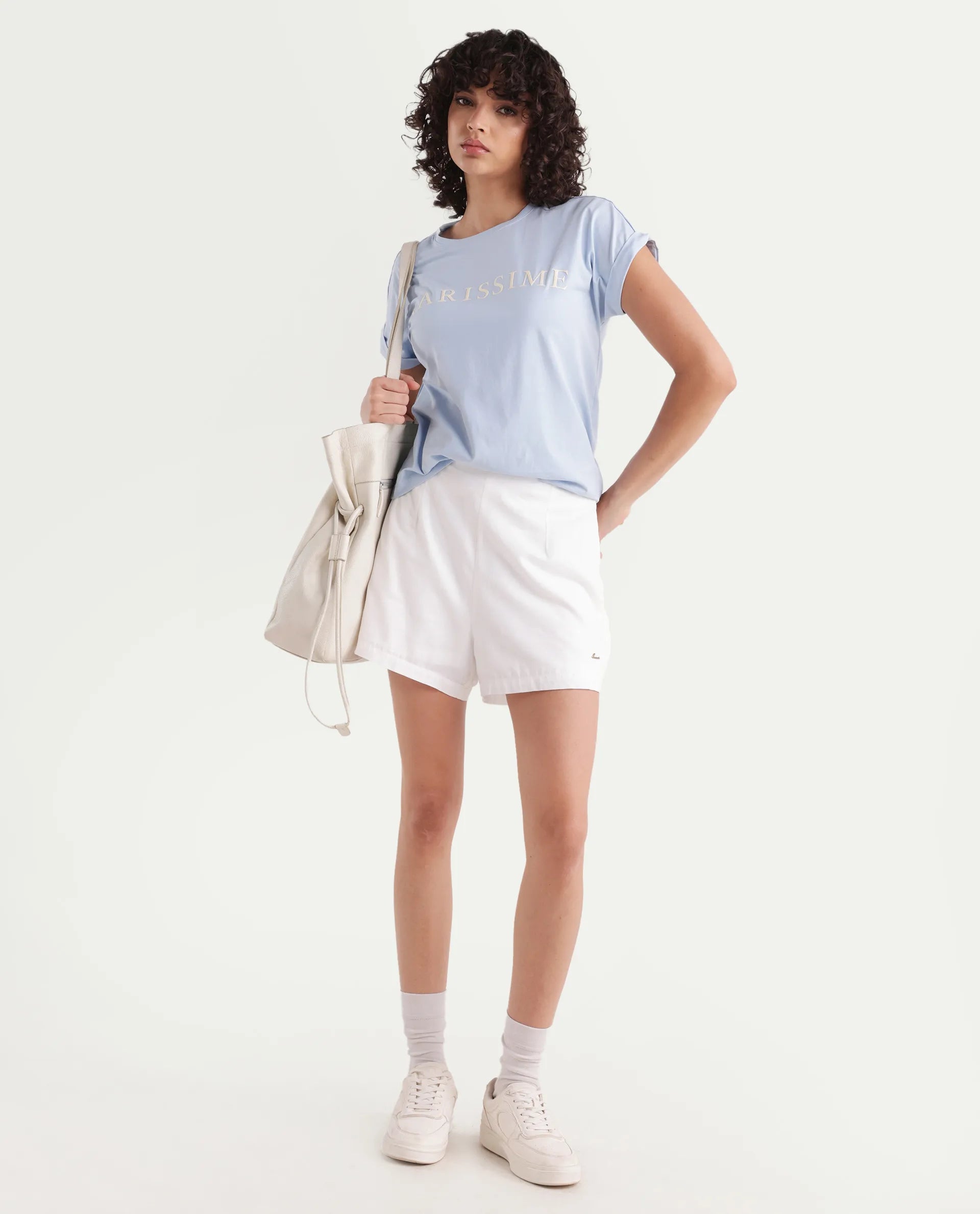 Rareism Women's Alte Light Blue Cotton Blend Crew Neck Graphic Print Extended Sleeves Regular Fit T-Shirt