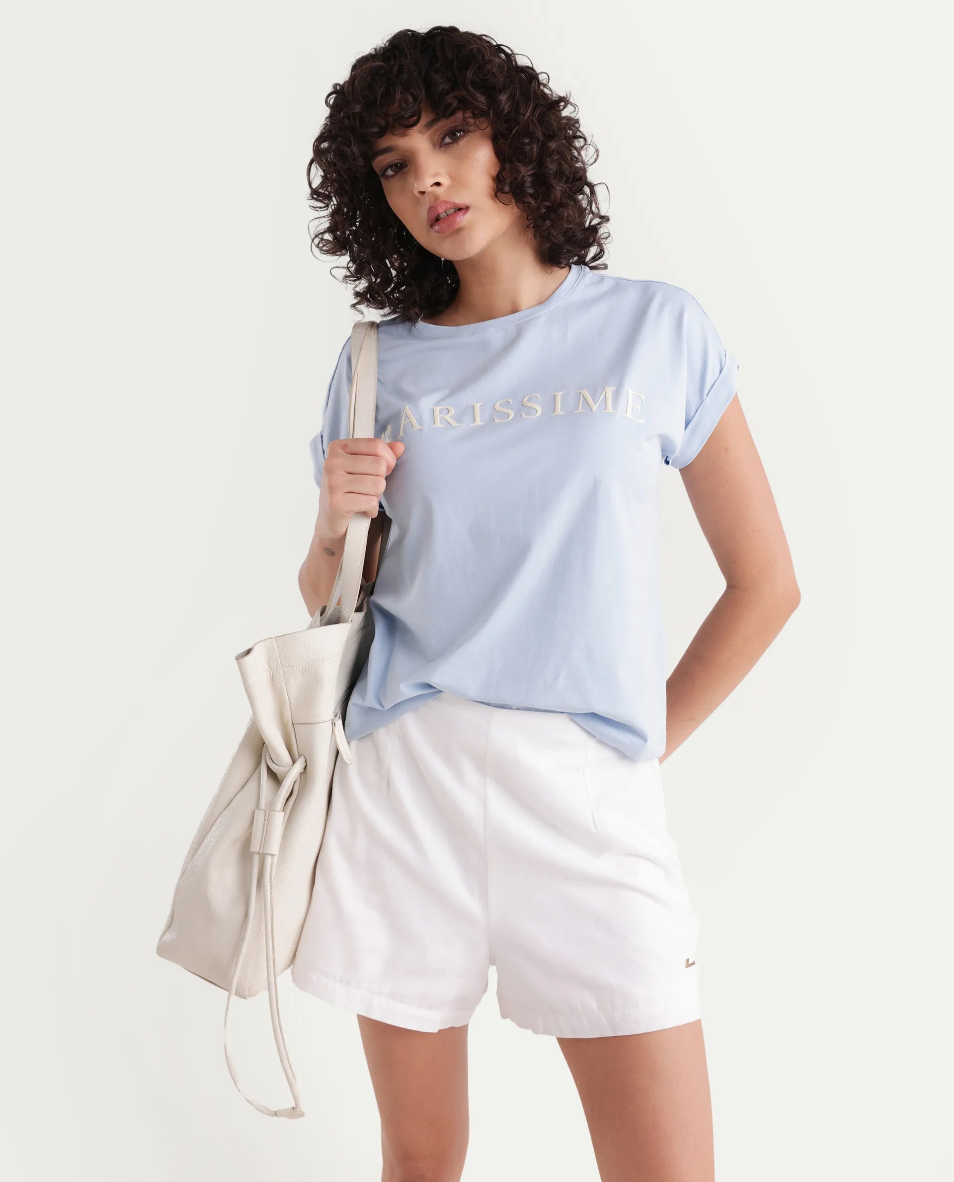 Rareism Women's Alte Light Blue Cotton Blend Crew Neck Graphic Print Extended Sleeves Regular Fit T-Shirt