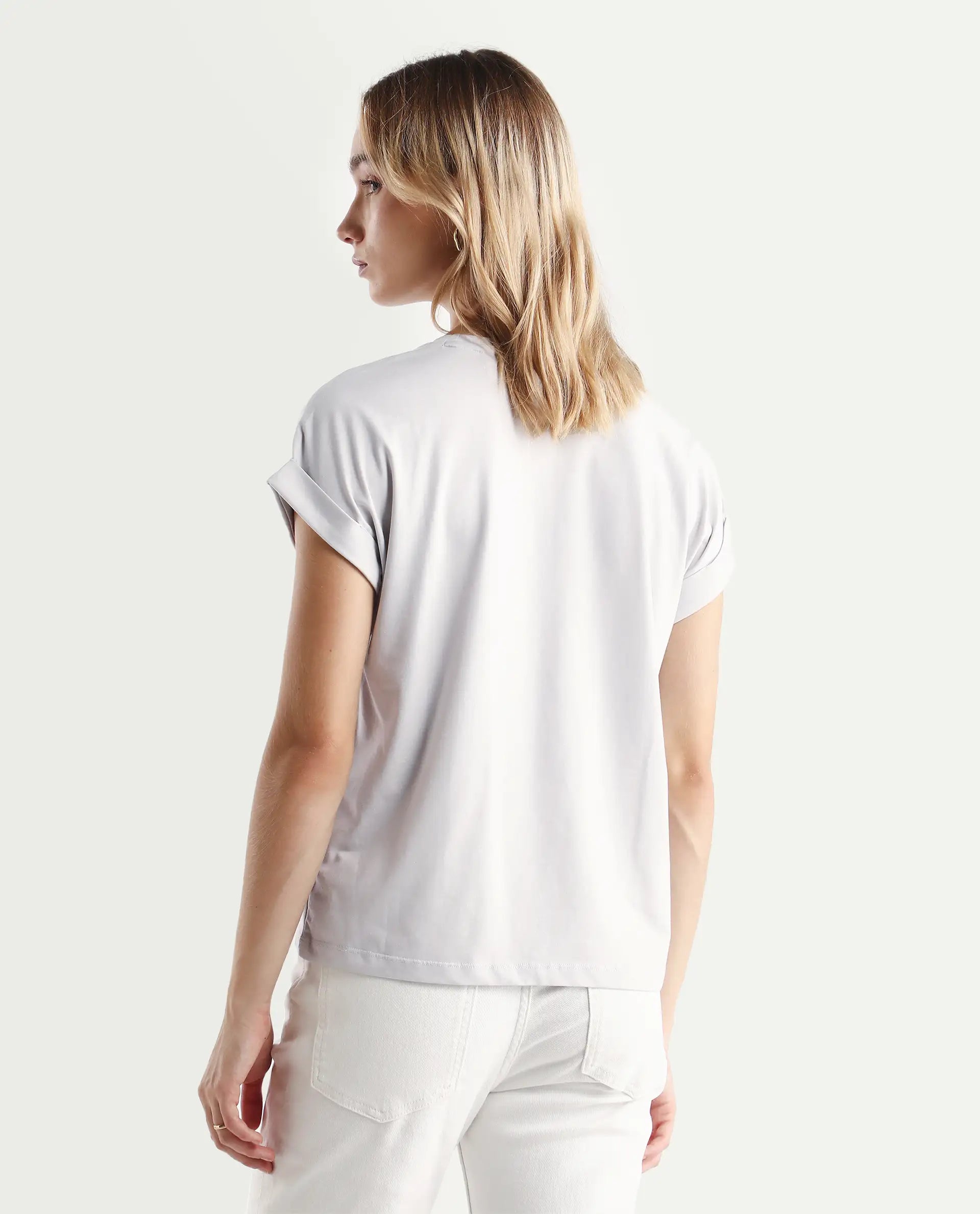 Rareism Women's Alte Light Grey Cotton Blend Crew Neck Graphic Print Extended Sleeves Regular Fit T-Shirt