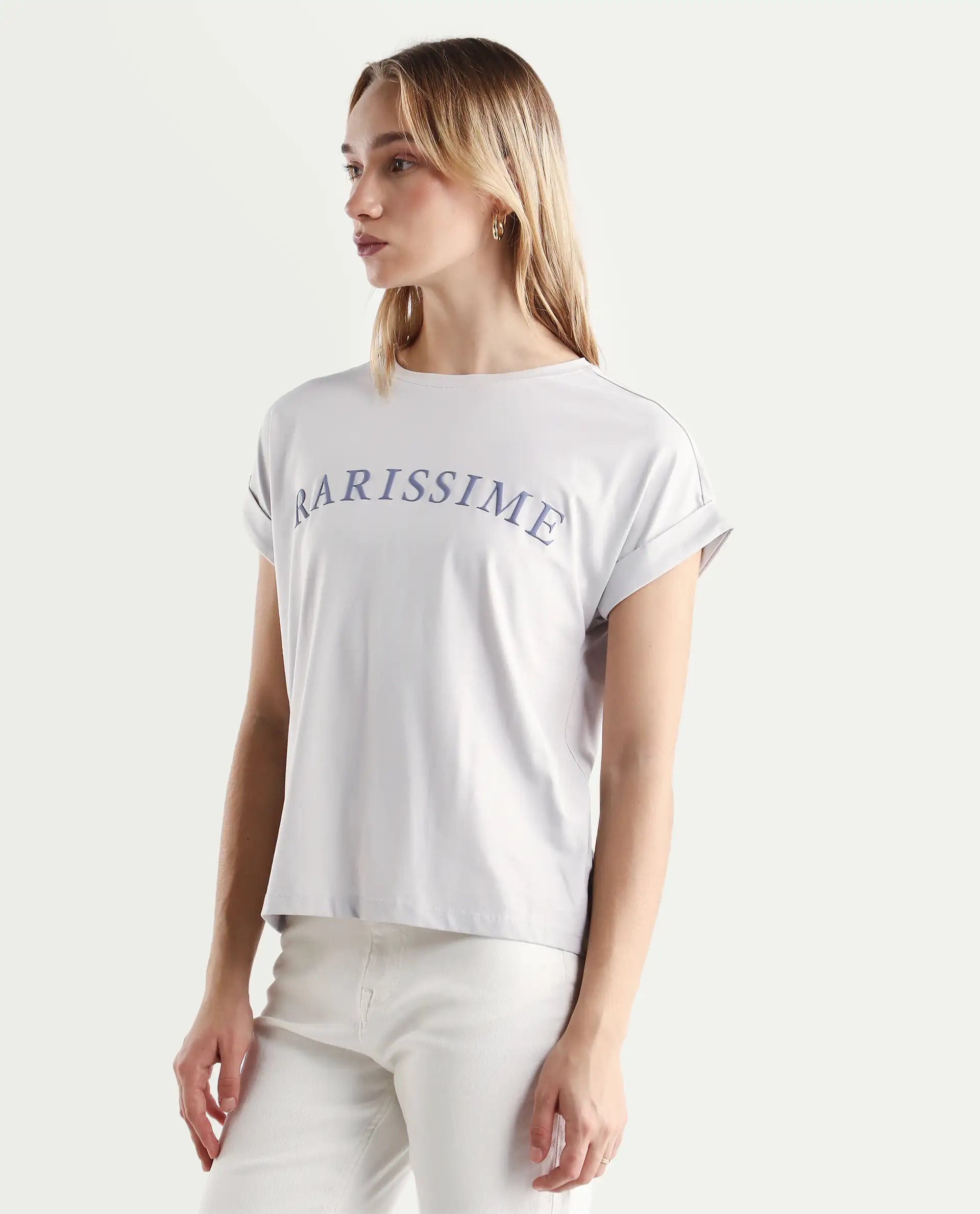 Rareism Women's Alte Light Grey Cotton Blend Crew Neck Graphic Print Extended Sleeves Regular Fit T-Shirt