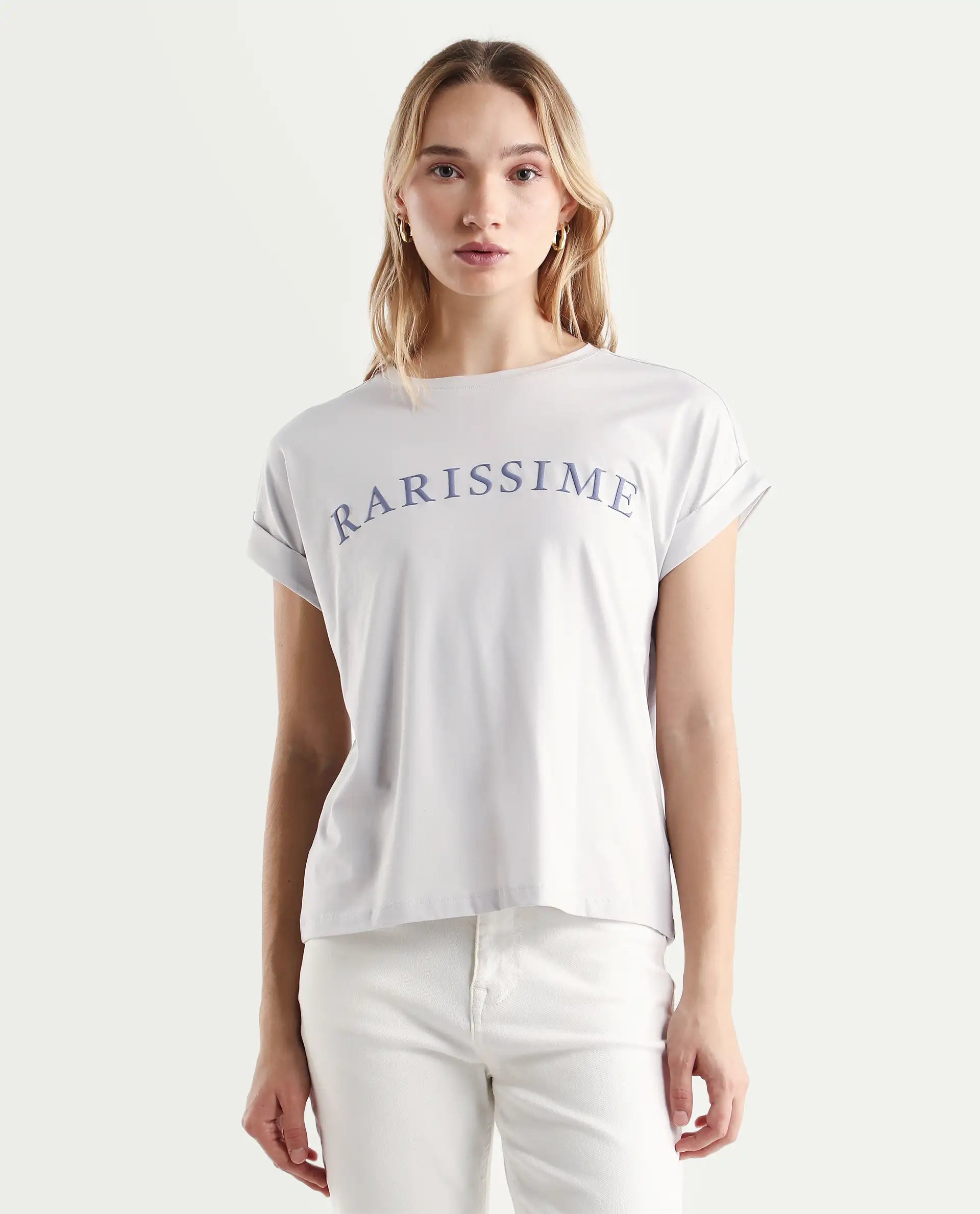 Rareism Women's Alte Light Grey Cotton Blend Crew Neck Graphic Print Extended Sleeves Regular Fit T-Shirt