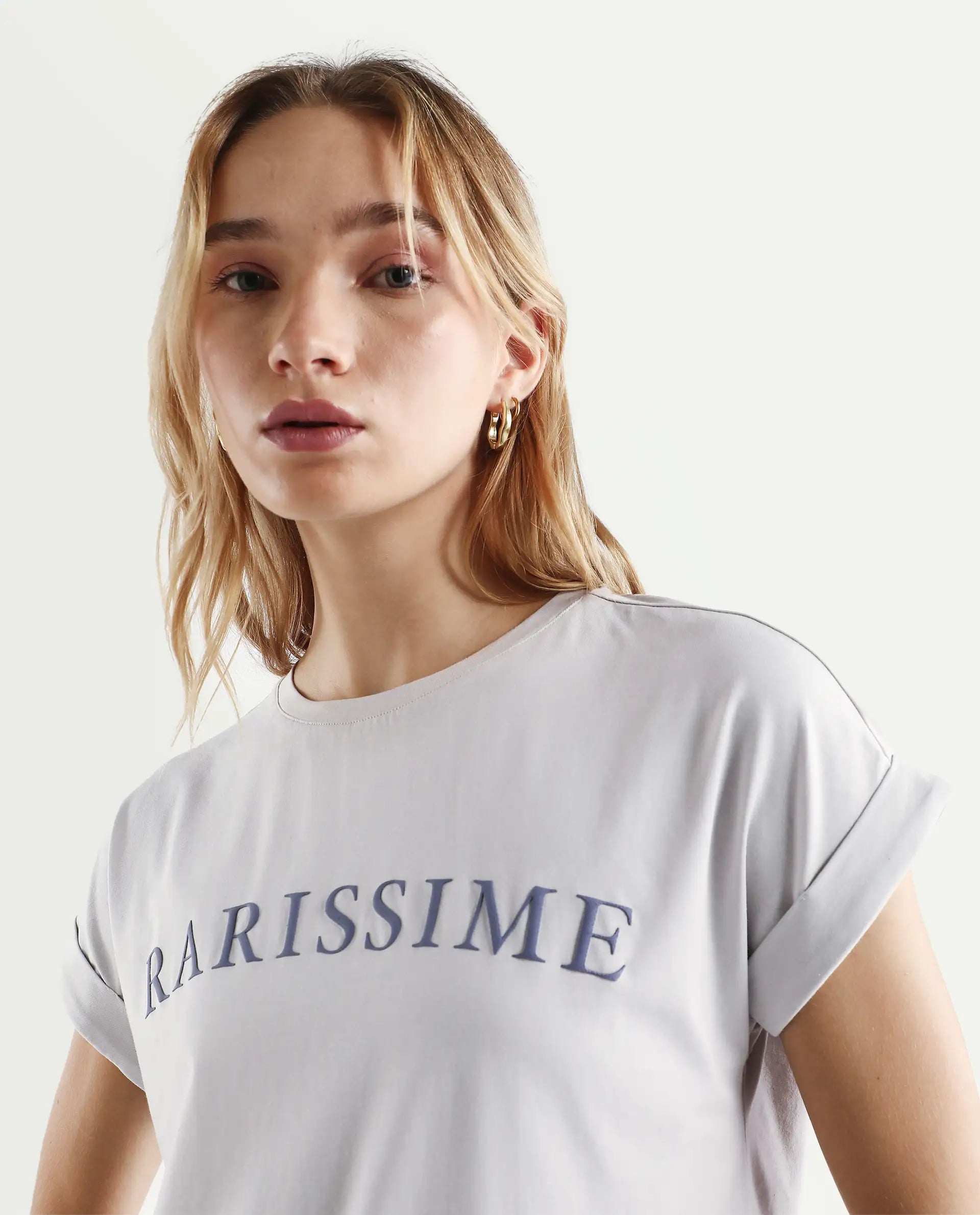 Rareism Women's Alte Light Grey Cotton Blend Crew Neck Graphic Print Extended Sleeves Regular Fit T-Shirt