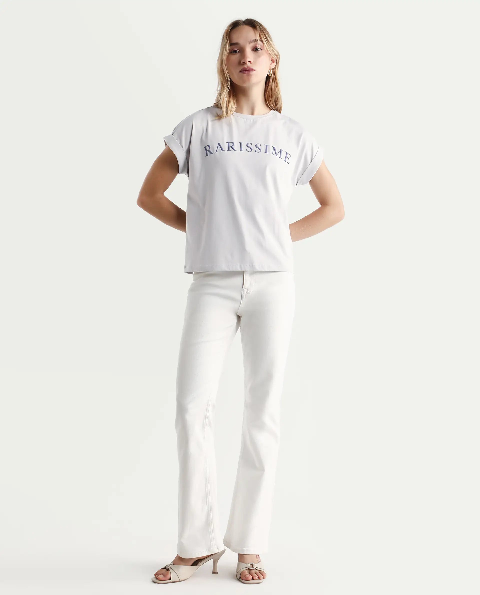 Rareism Women's Alte Light Grey Cotton Blend Crew Neck Graphic Print Extended Sleeves Regular Fit T-Shirt