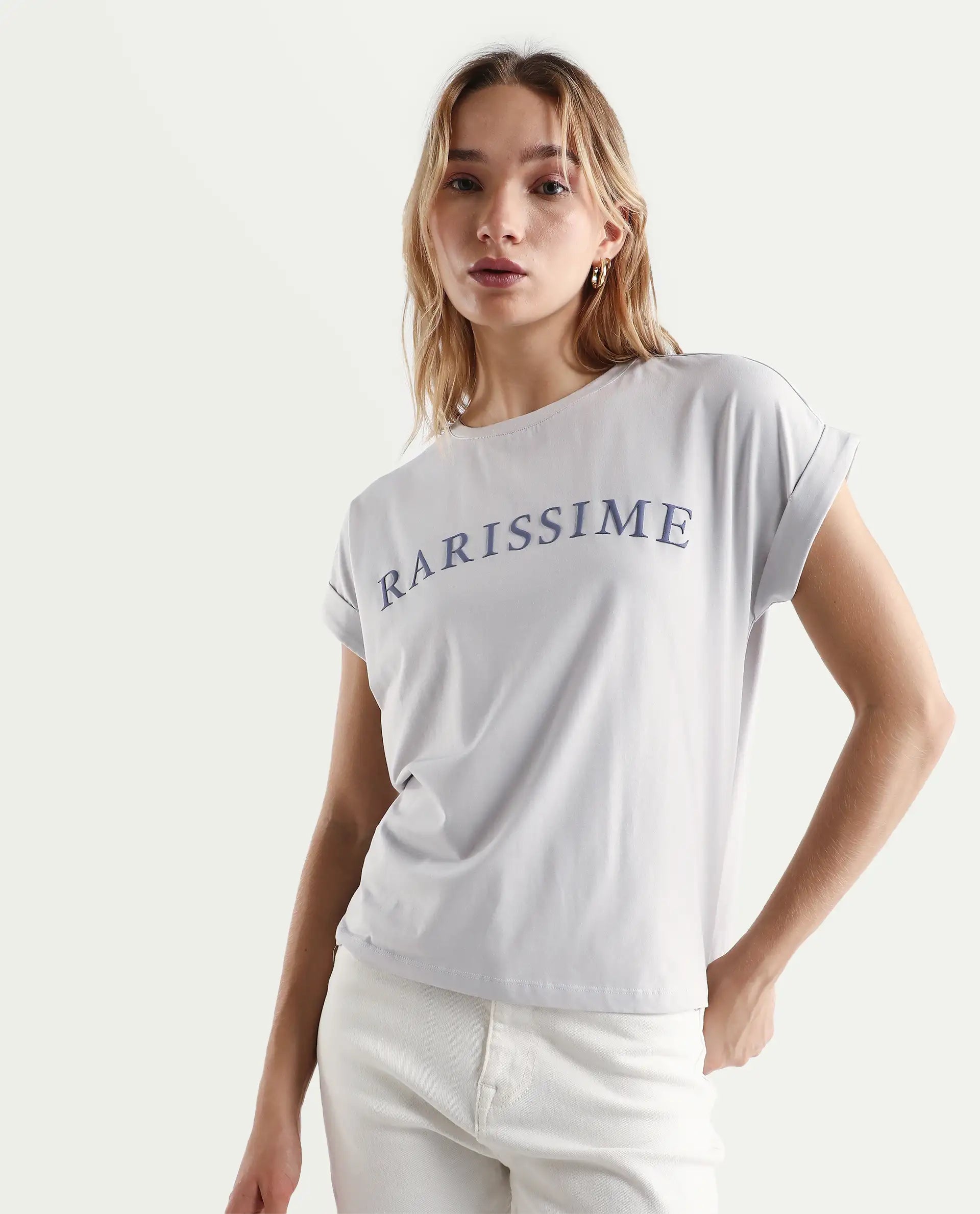 Rareism Women's Alte Light Grey Cotton Blend Crew Neck Graphic Print Extended Sleeves Regular Fit T-Shirt