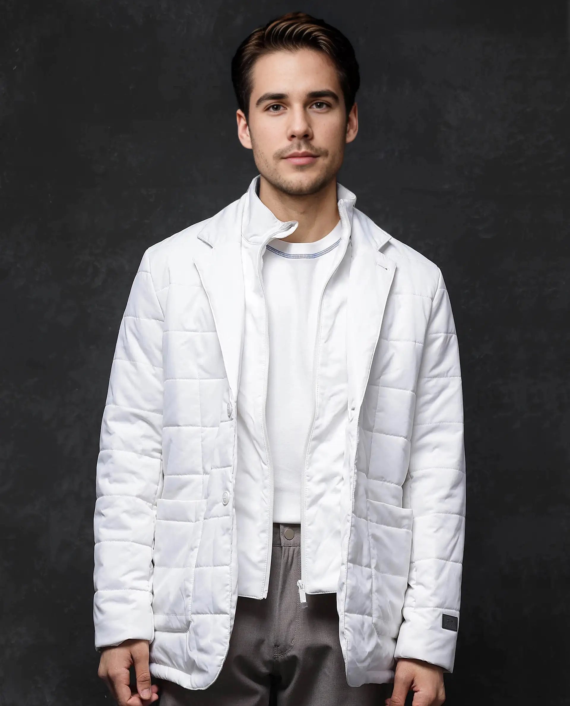 Rare Rabbit Men's Alter Off White Polyester Plain Regular Fit Full Sleeve Lapel Neck Jacket