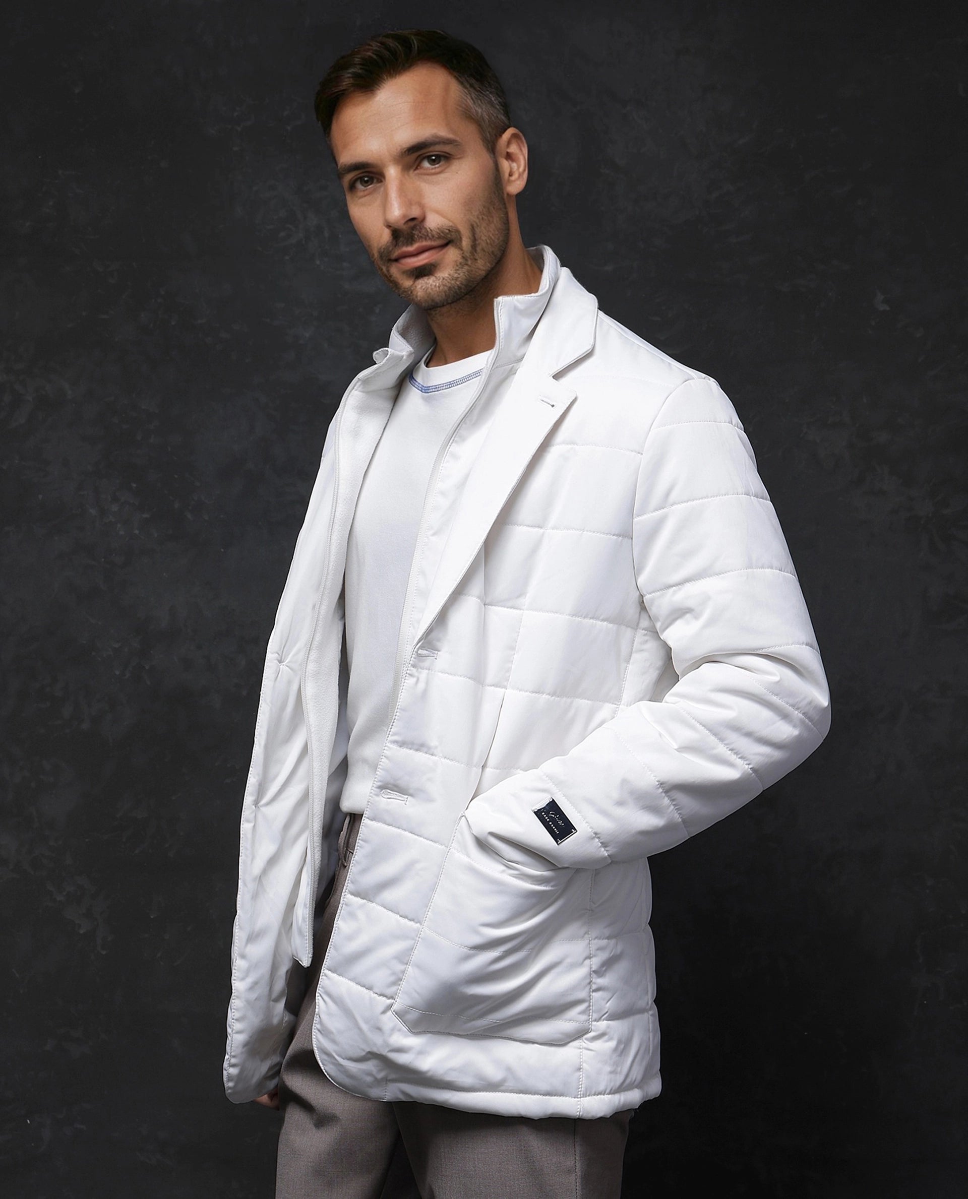 Rare Rabbit Men Alter Off White Polyester Fabric Full Sleeve Lapel Neck Button And Zip Closure Plain Jacket