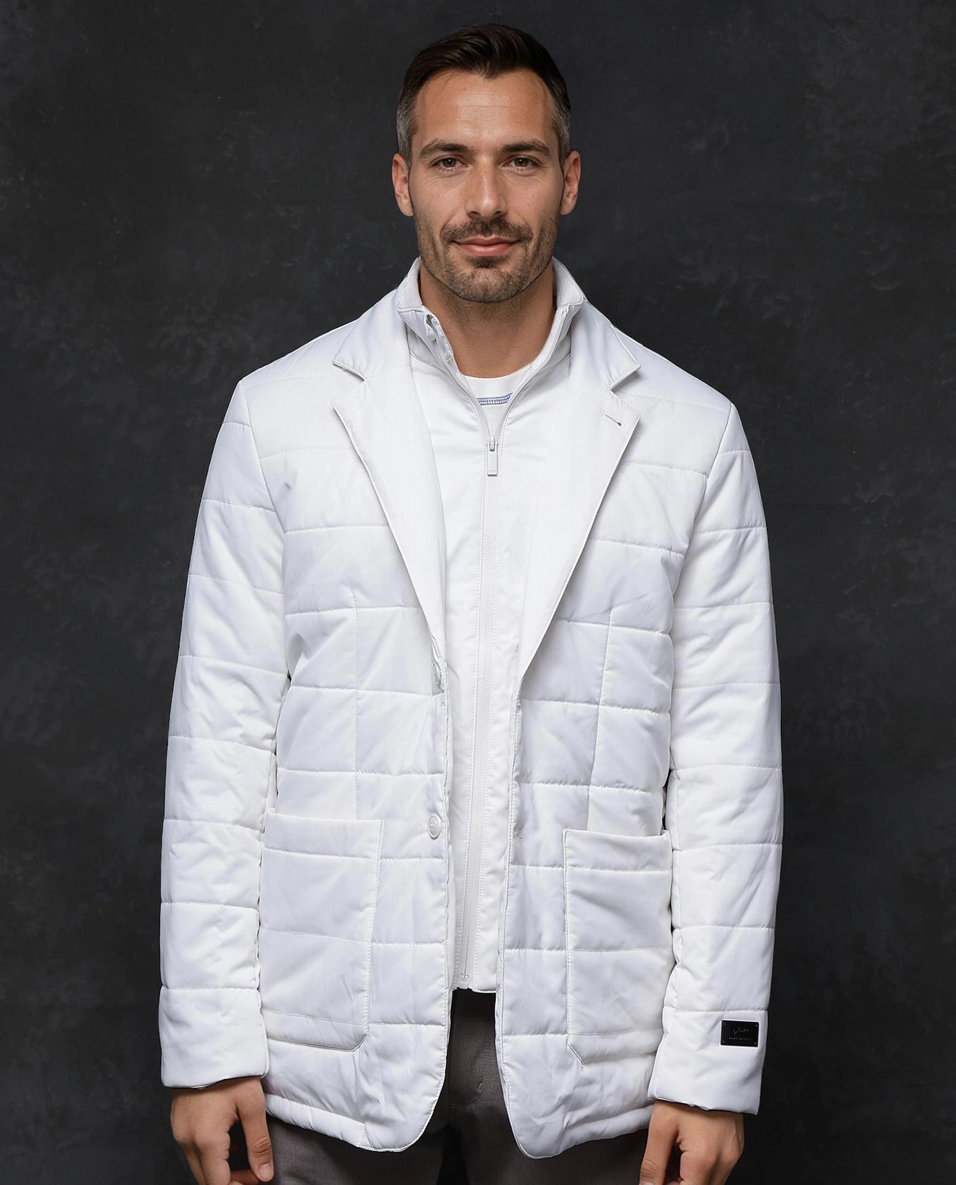 Rare Rabbit Men Alter Off White Polyester Fabric Full Sleeve Lapel Neck Button And Zip Closure Plain Jacket