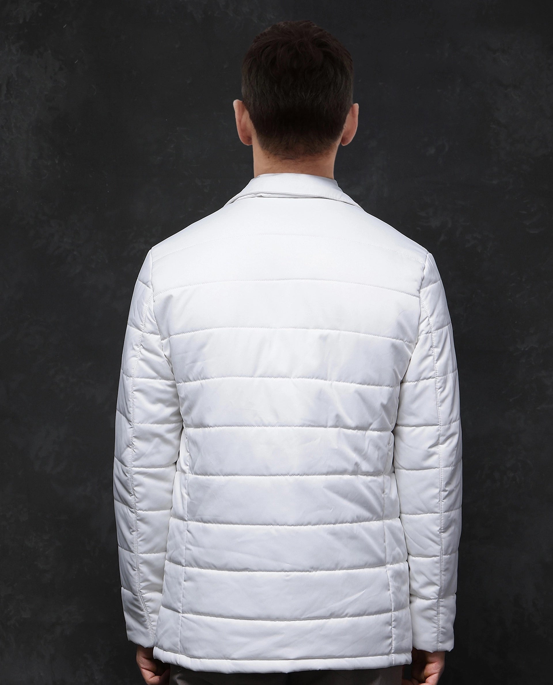 Rare Rabbit Men Alter Off White Polyester Fabric Full Sleeve Lapel Neck Button And Zip Closure Plain Jacket