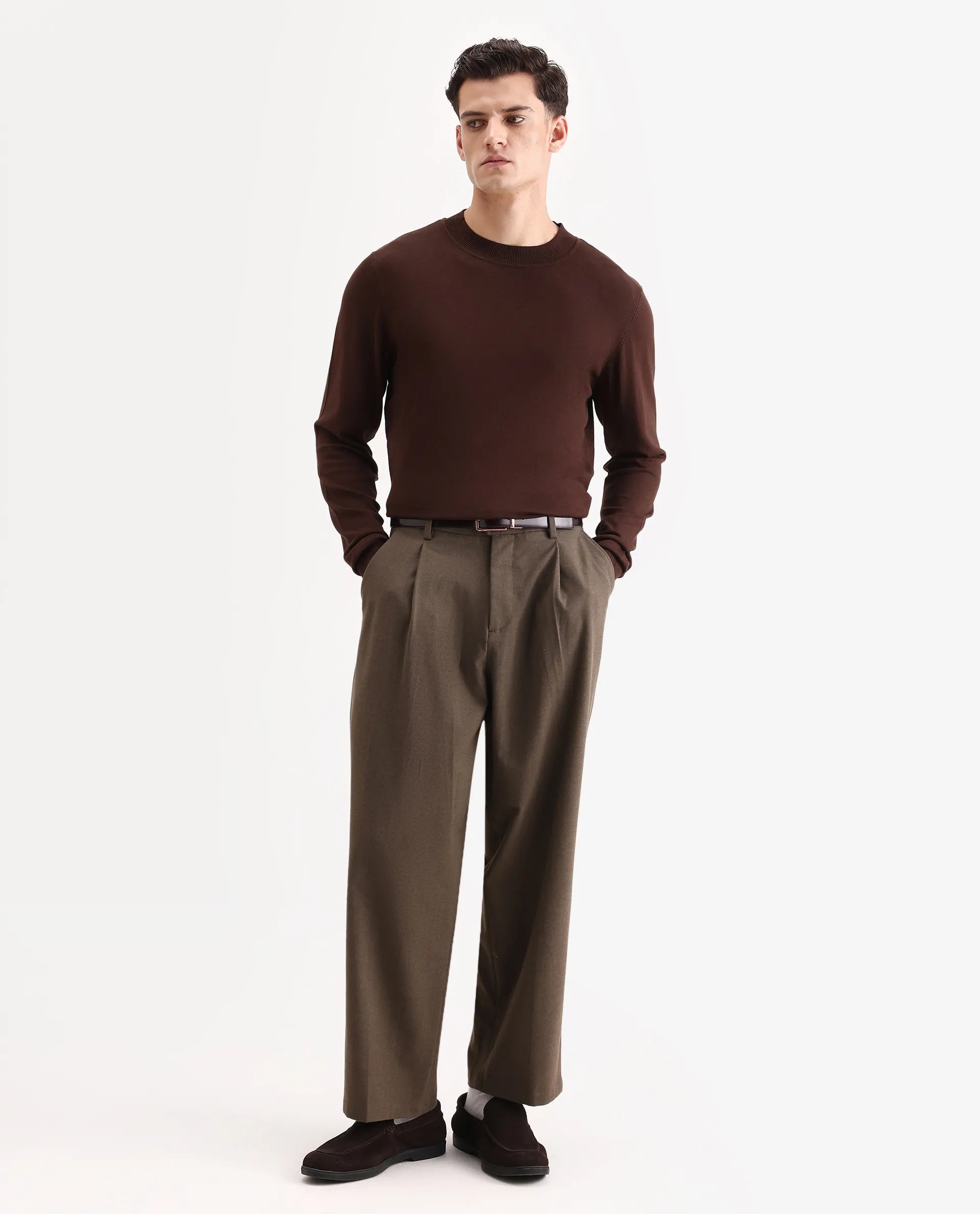 Rare Rabbit Men's Alva Dark Brown Viscose Plain Regular Fit Full Sleeve High Neck Sweater