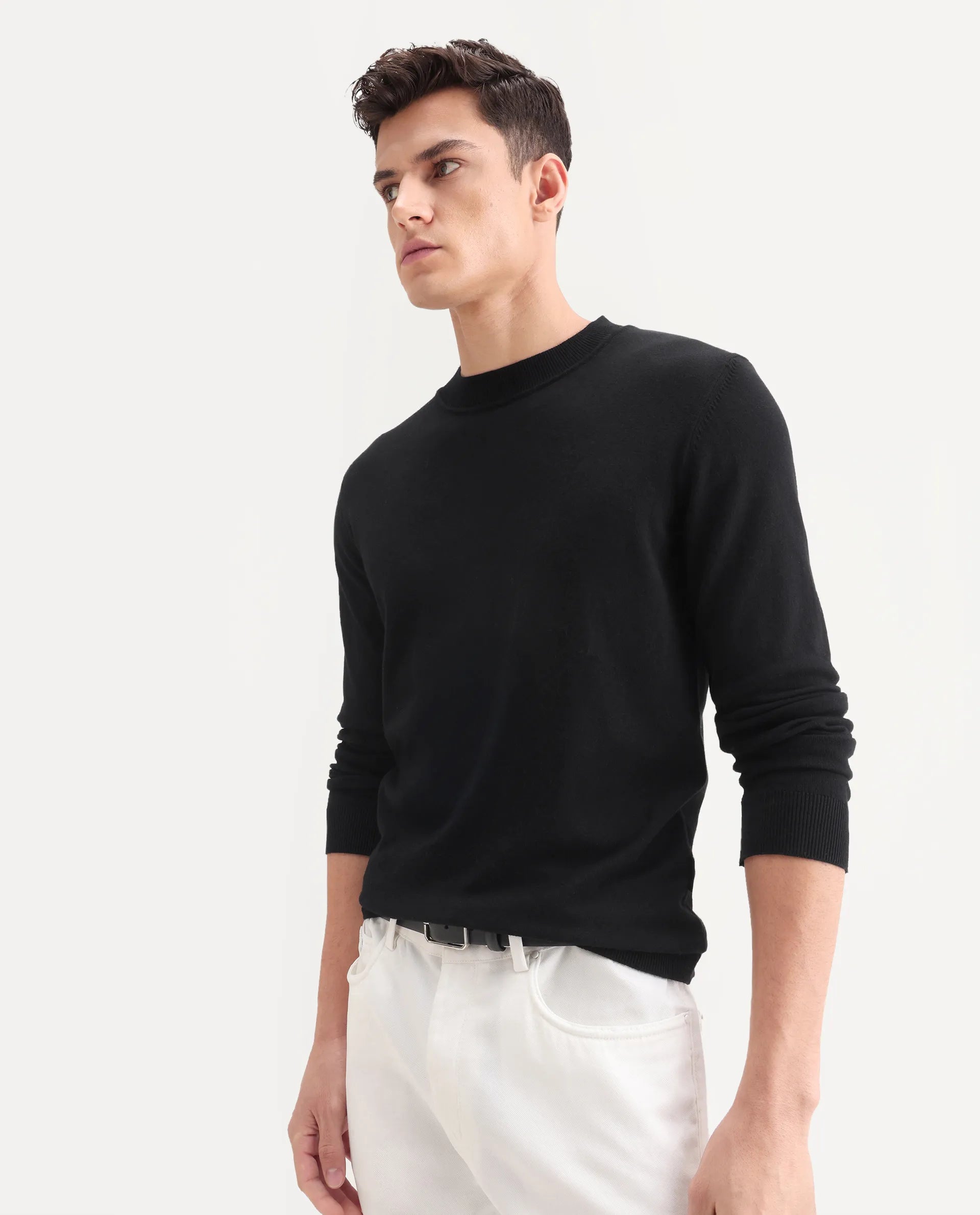 Rare Rabbit Men's Alva Black Viscose Plain Regular Fit Full Sleeve High Neck Sweater