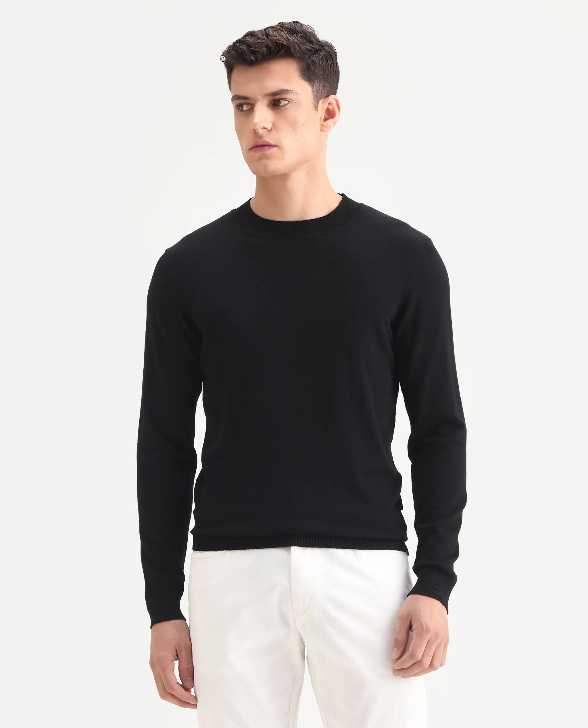 Rare Rabbit Men's Alva Black Viscose Plain Regular Fit Full Sleeve High Neck Sweater