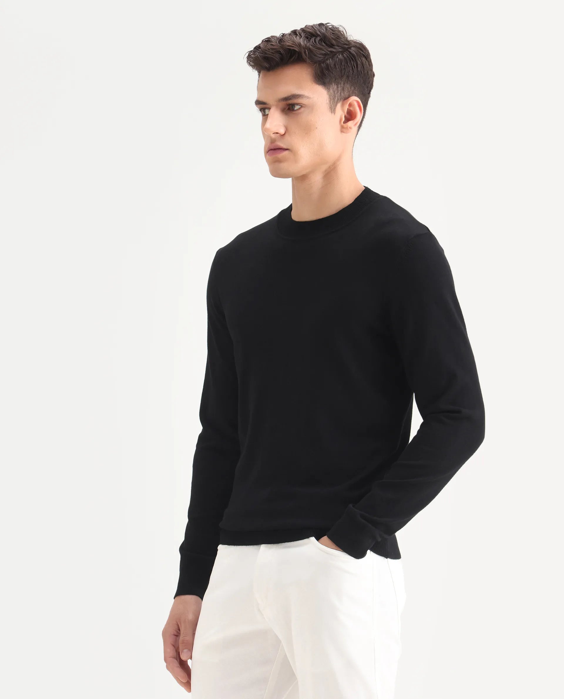 Rare Rabbit Men's Alva Black Viscose Plain Regular Fit Full Sleeve High Neck Sweater