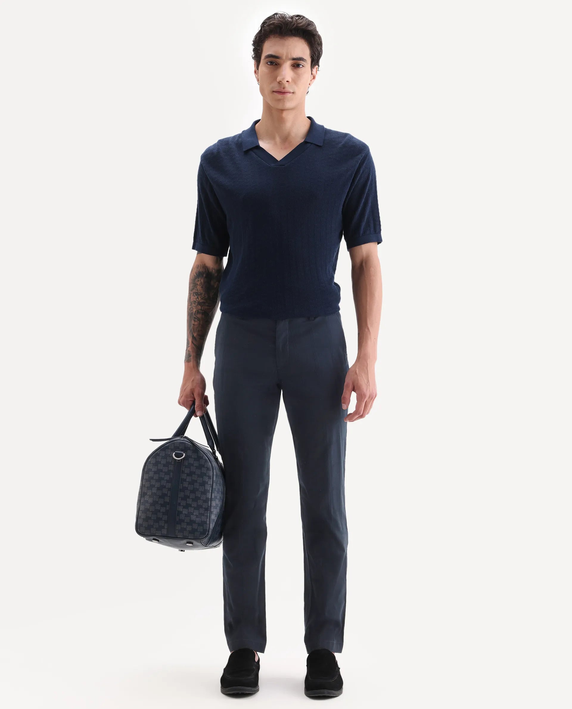 Rare Rabbit Men's Alva Navy Cotton Checked Print Regular Fit Trouser