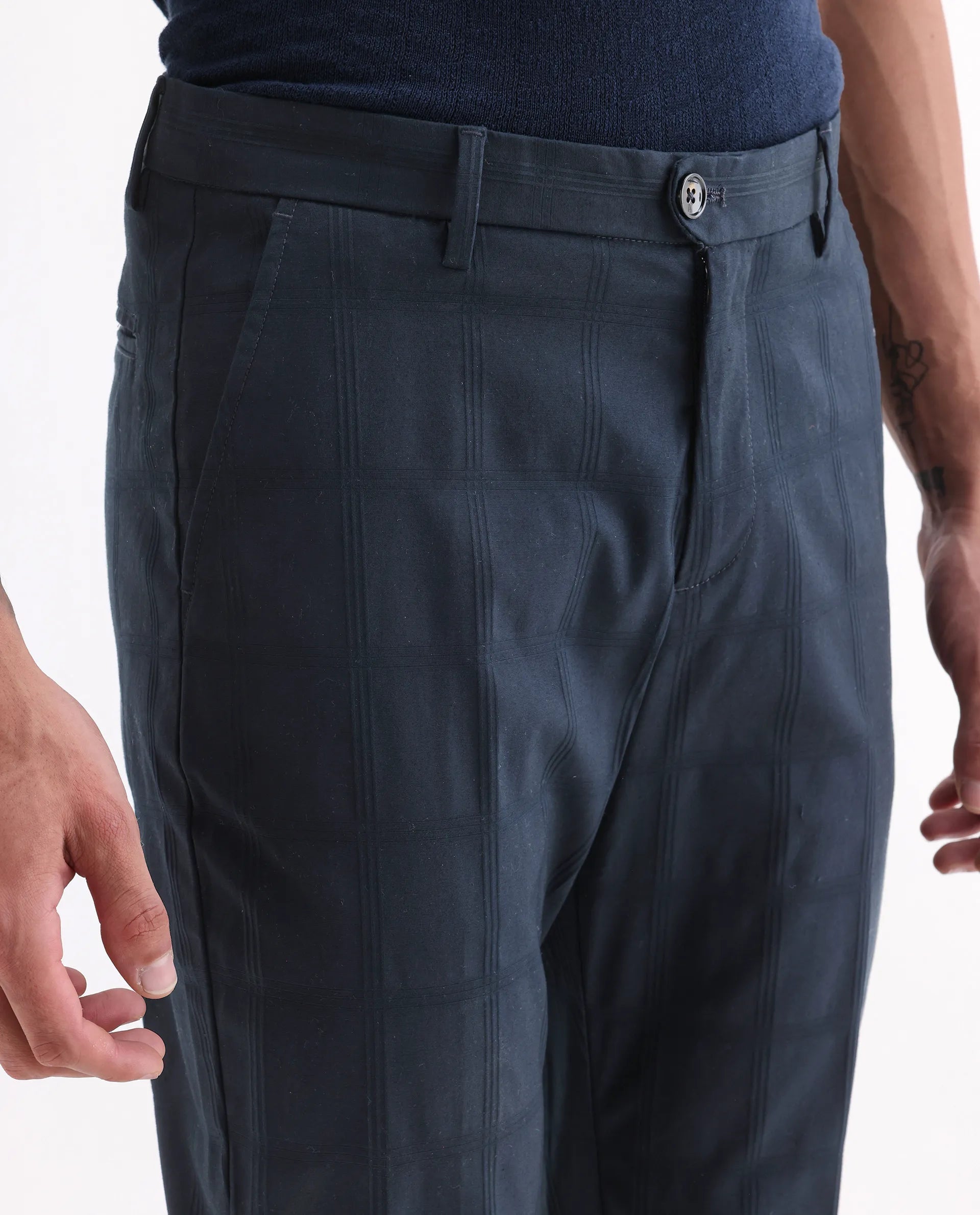 Rare Rabbit Men's Alva Navy Cotton Checked Print Regular Fit Trouser