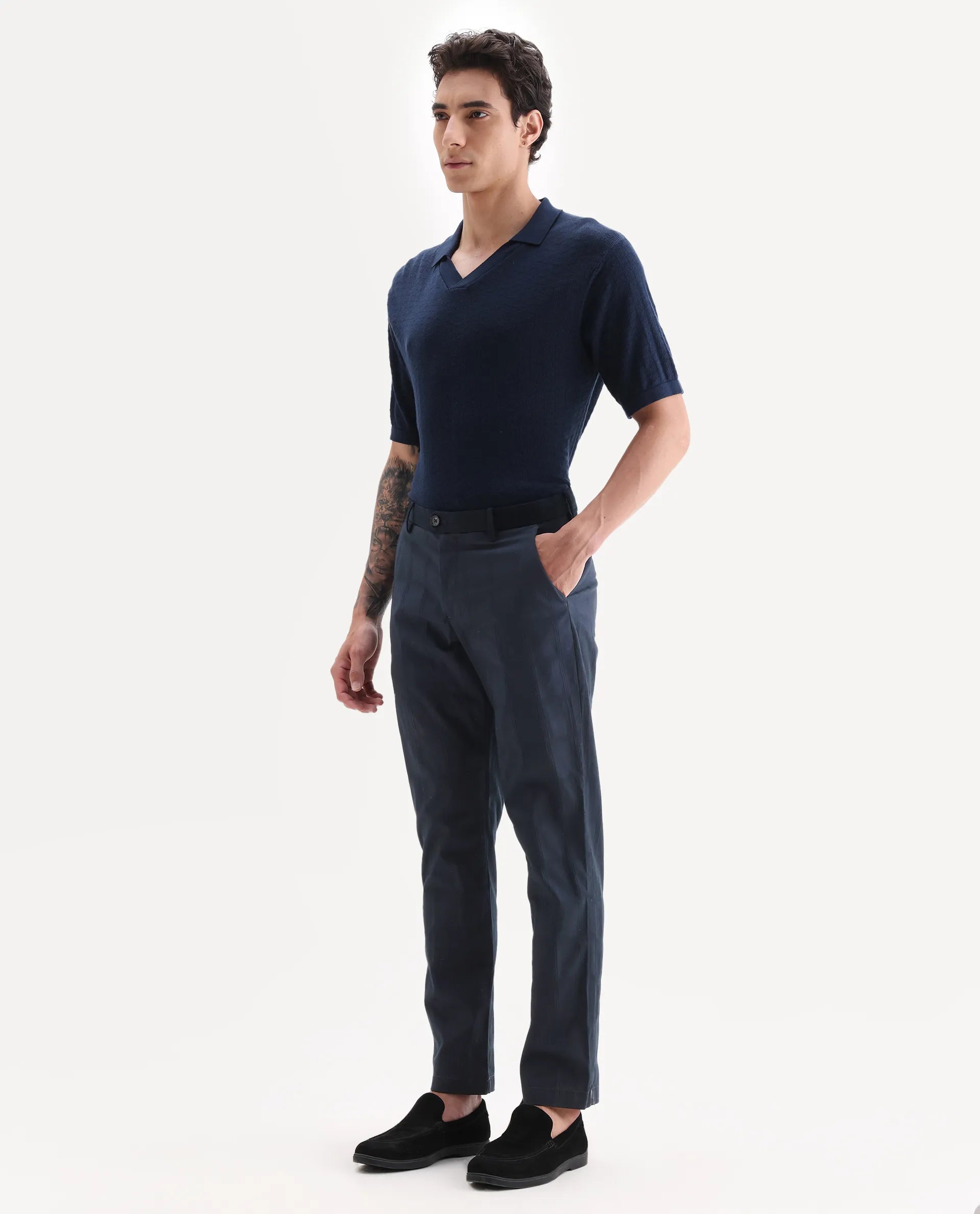 Rare Rabbit Men's Alva Navy Cotton Checked Print Regular Fit Trouser