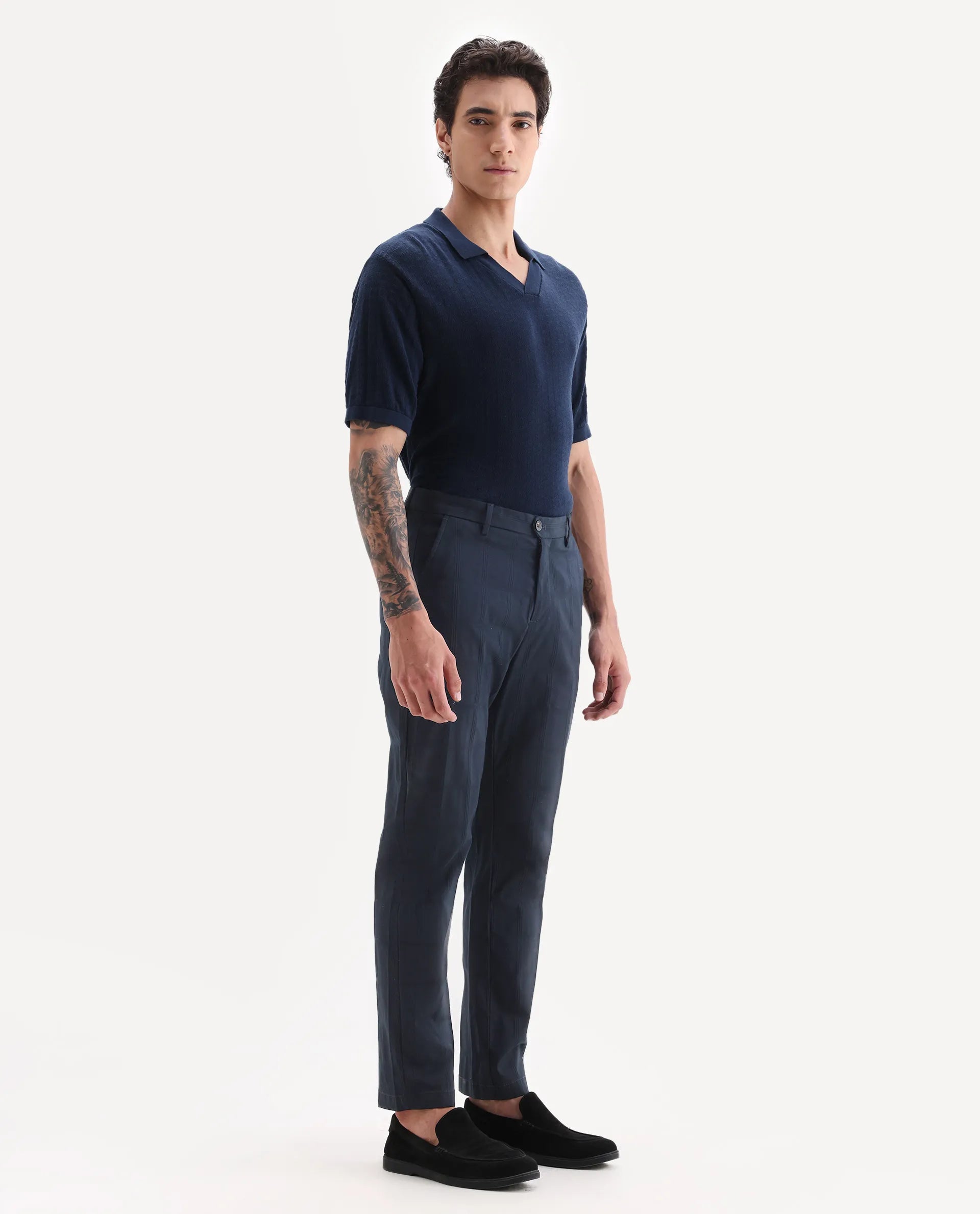 Rare Rabbit Men's Alva Navy Cotton Checked Print Regular Fit Trouser