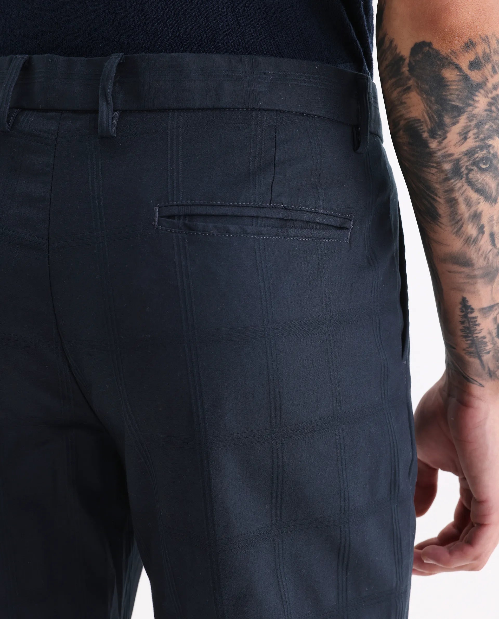 Rare Rabbit Men's Alva Navy Cotton Checked Print Regular Fit Trouser