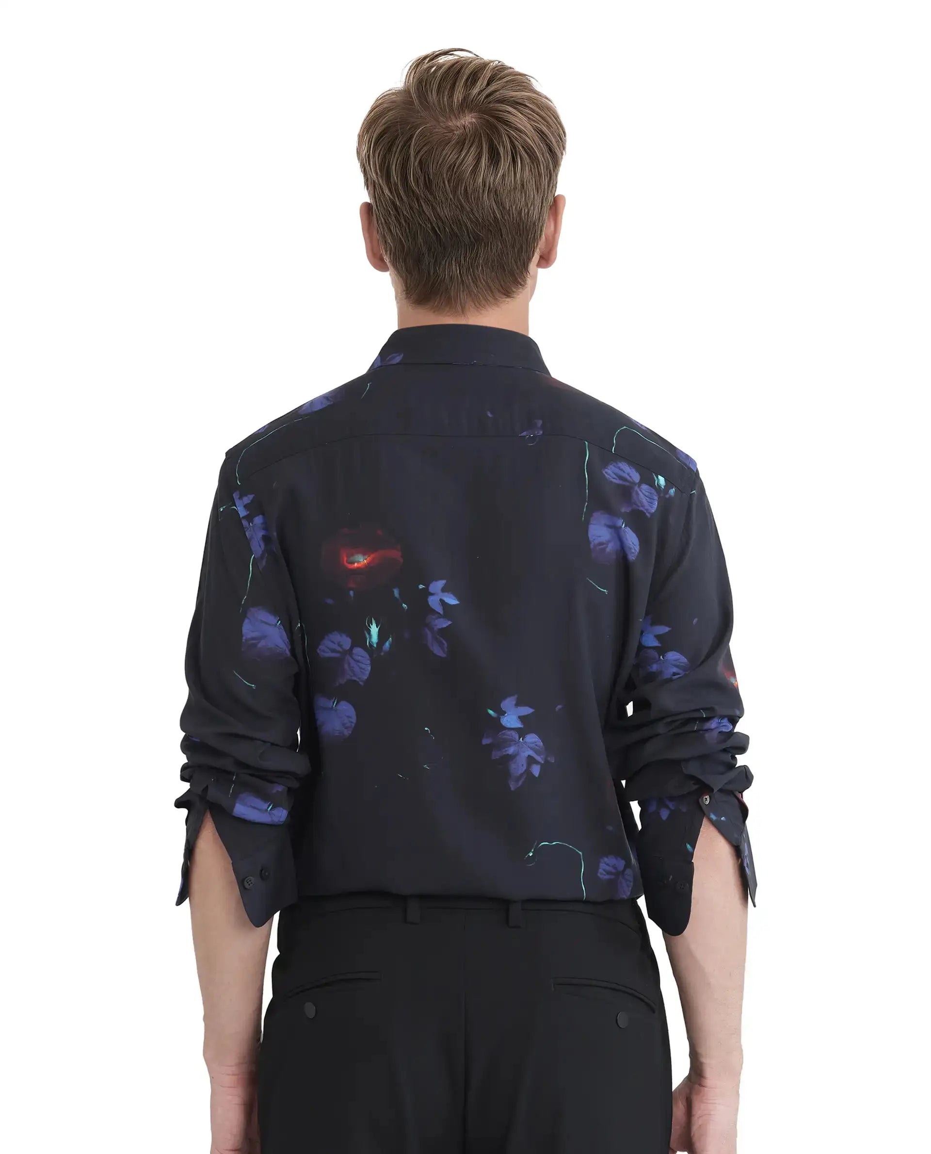 Rare Rabbit Men's Alvata Black Viscose Floral Print Regular Fit Full Sleeve Collared Shirt