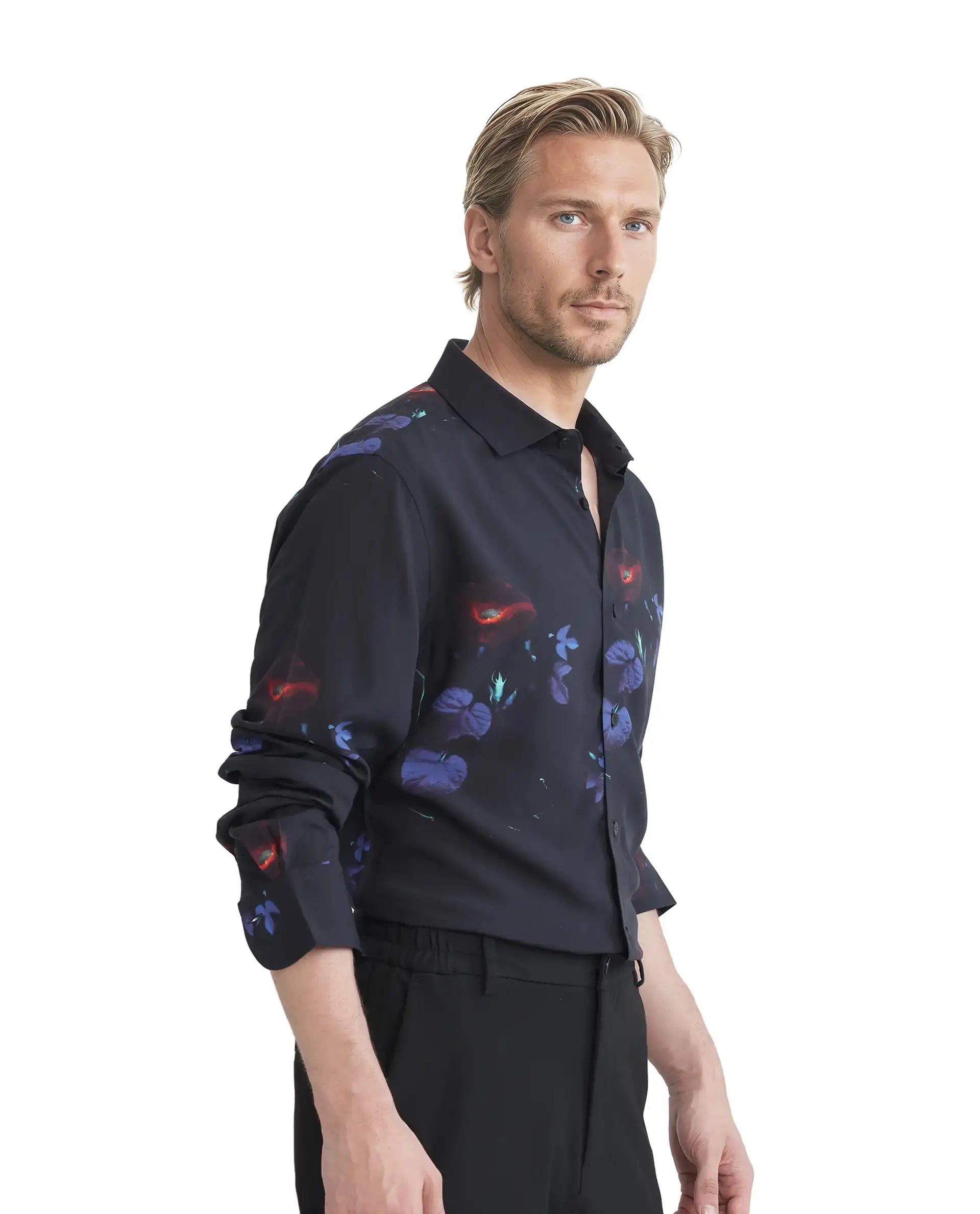 Rare Rabbit Men's Alvata Black Viscose Floral Print Regular Fit Full Sleeve Collared Shirt