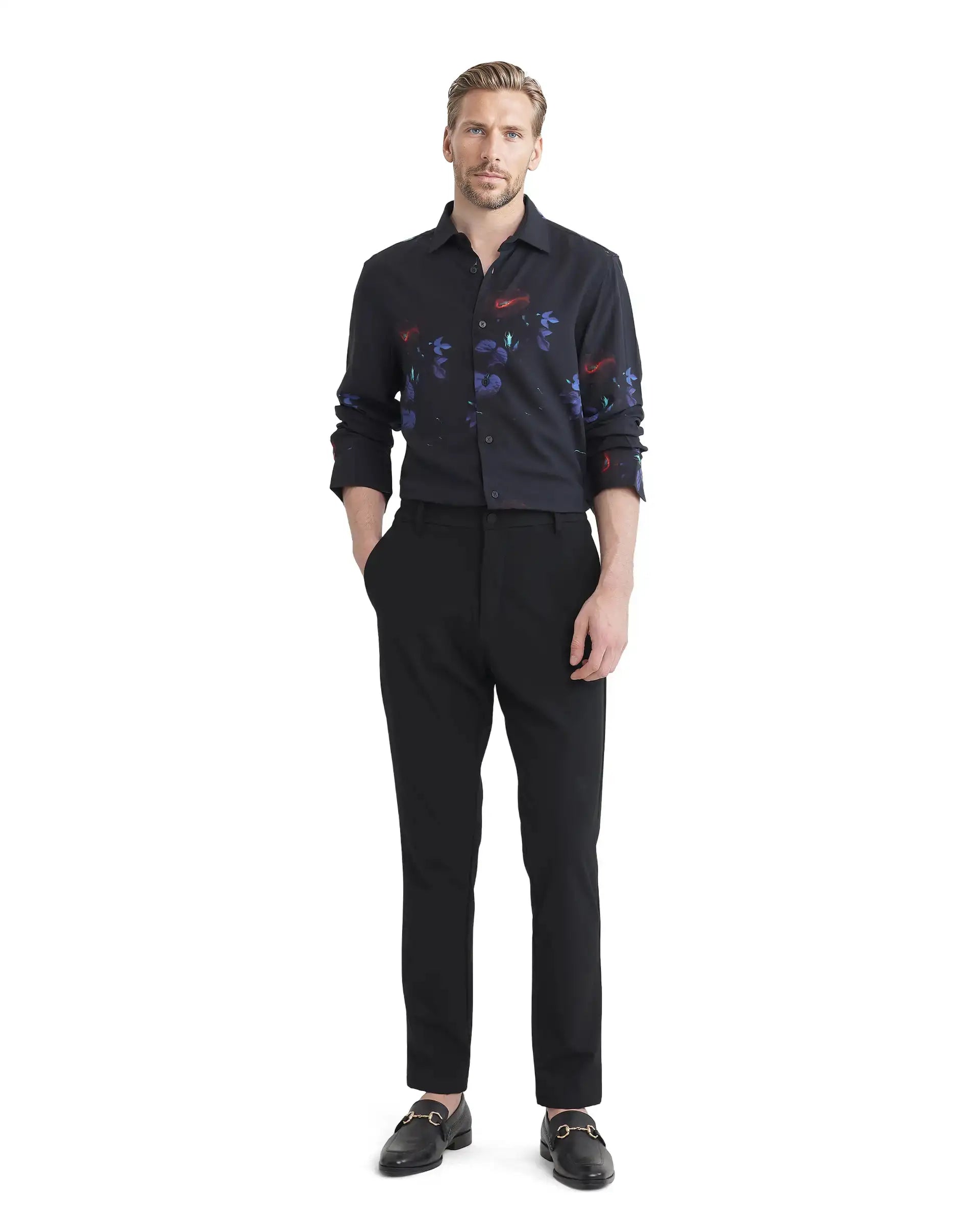 Rare Rabbit Men's Alvata Black Viscose Floral Print Regular Fit Full Sleeve Collared Shirt