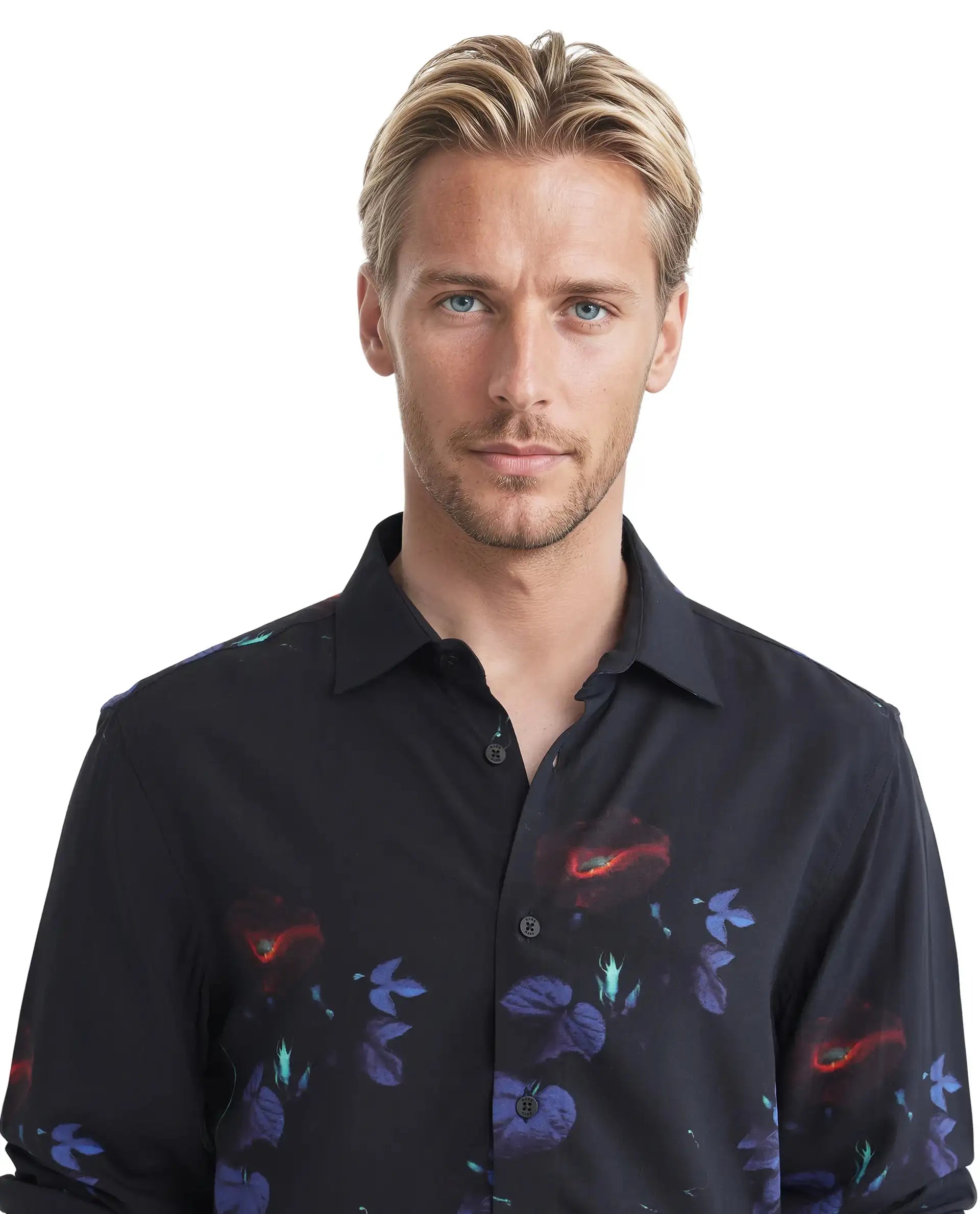 Rare Rabbit Men's Alvata Black Viscose Floral Print Regular Fit Full Sleeve Collared Shirt
